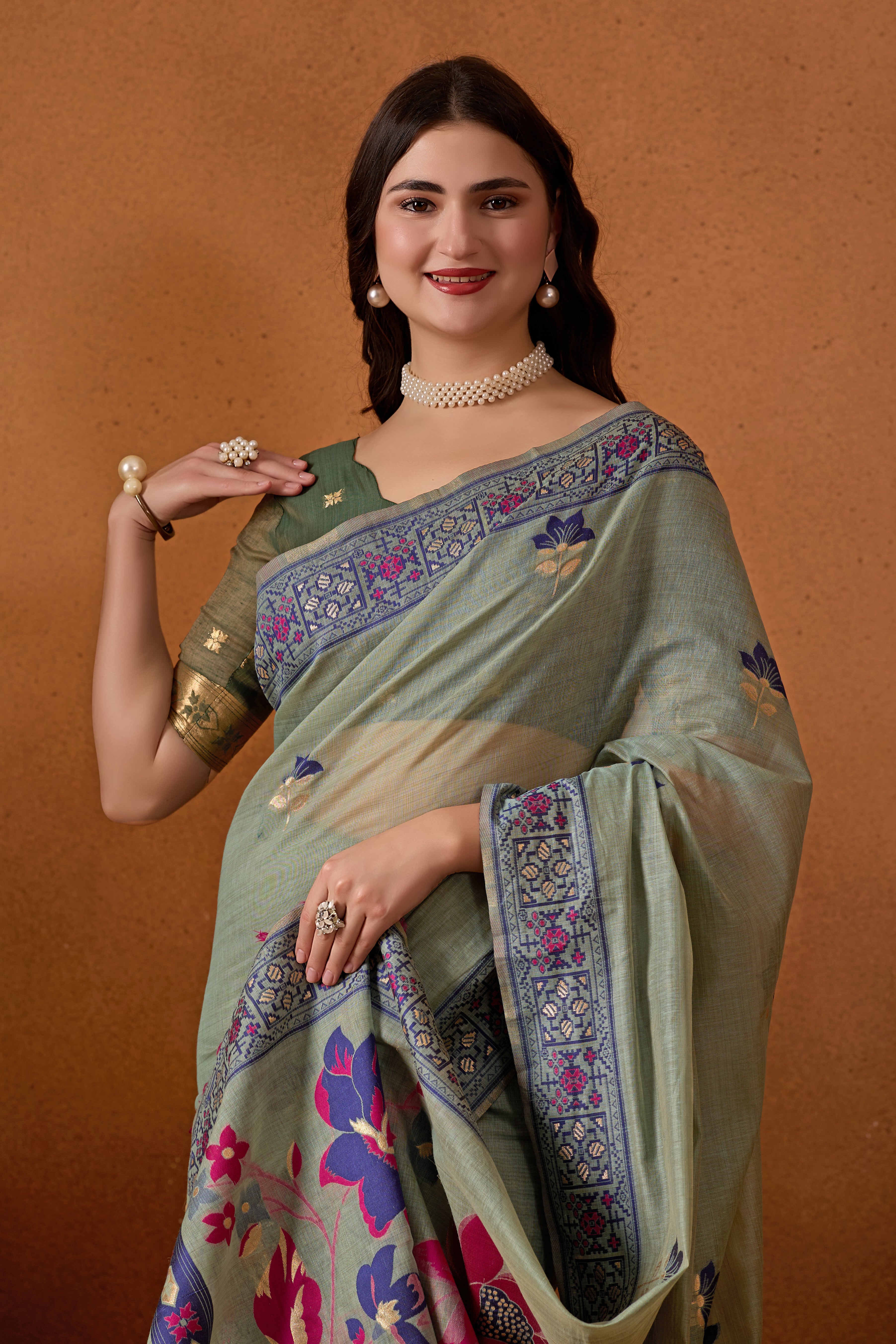Woven Design Ethic Motif Muga Cotton Saree in Green