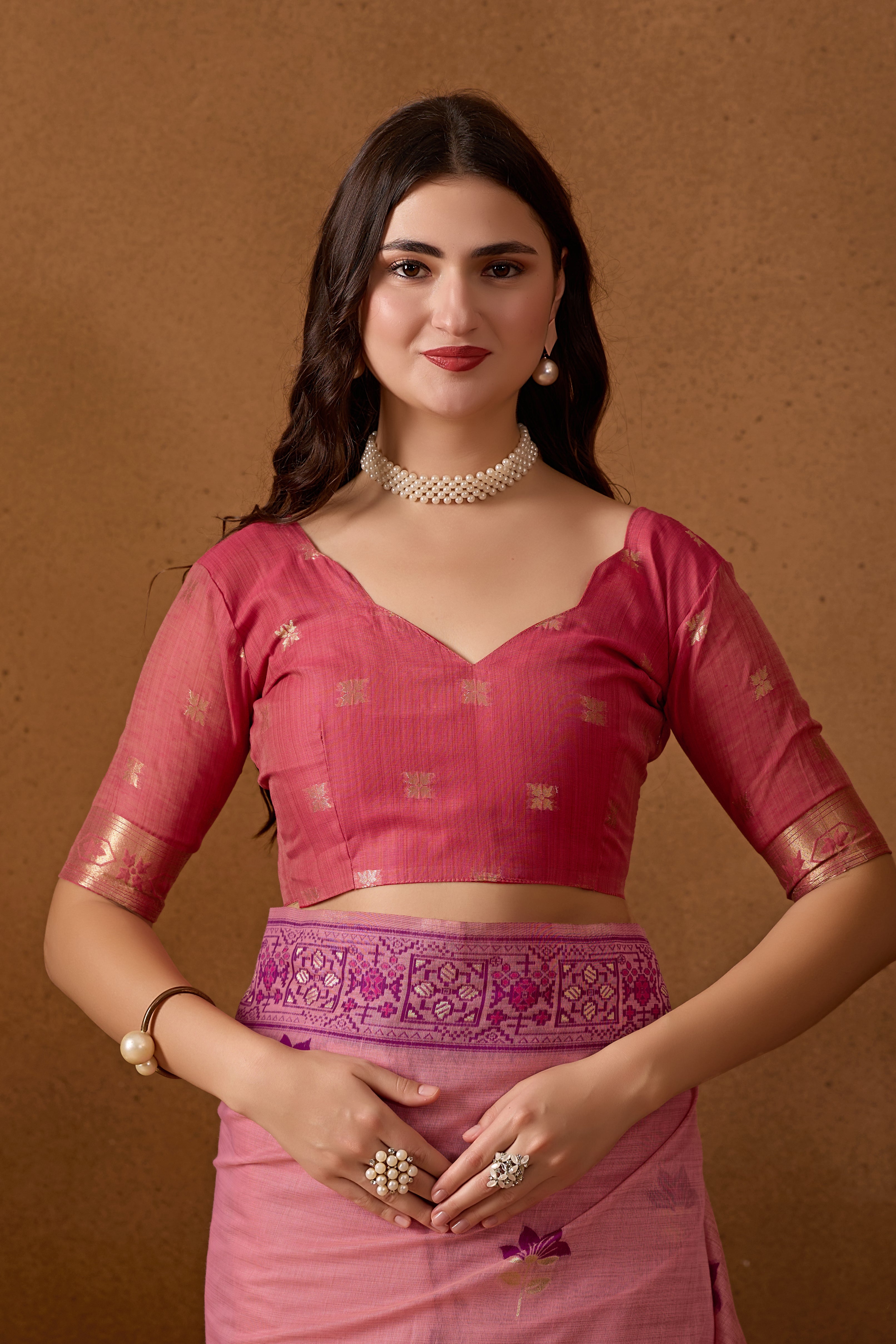 Woven Design Ethnic Motif Muga Cotton Saree in Pink