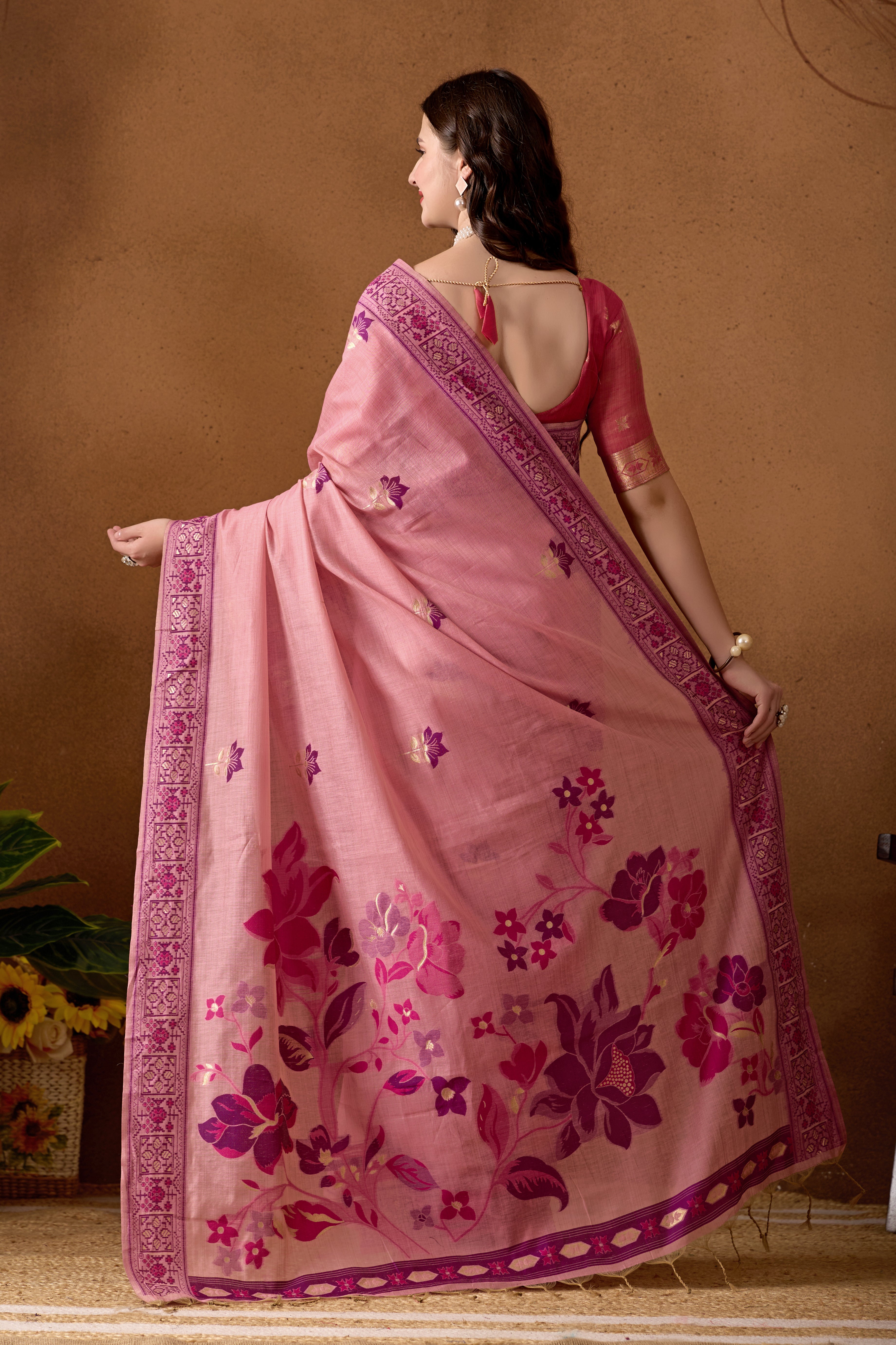 Woven Design Ethnic Motif Muga Cotton Saree in Pink