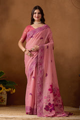 Woven Design Ethnic Motif Muga Cotton Saree in Pink