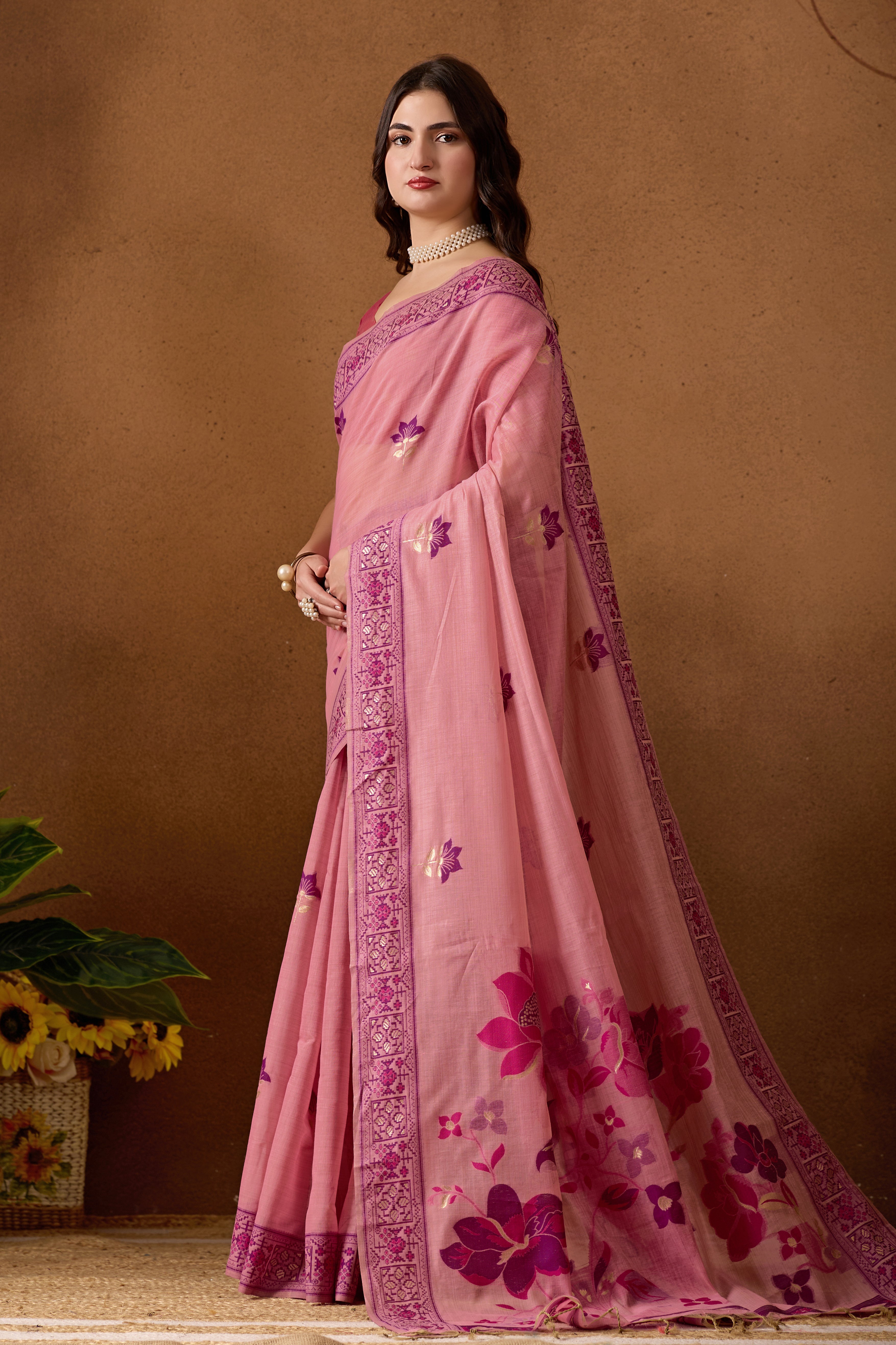 Woven Design Ethnic Motif Muga Cotton Saree in Pink