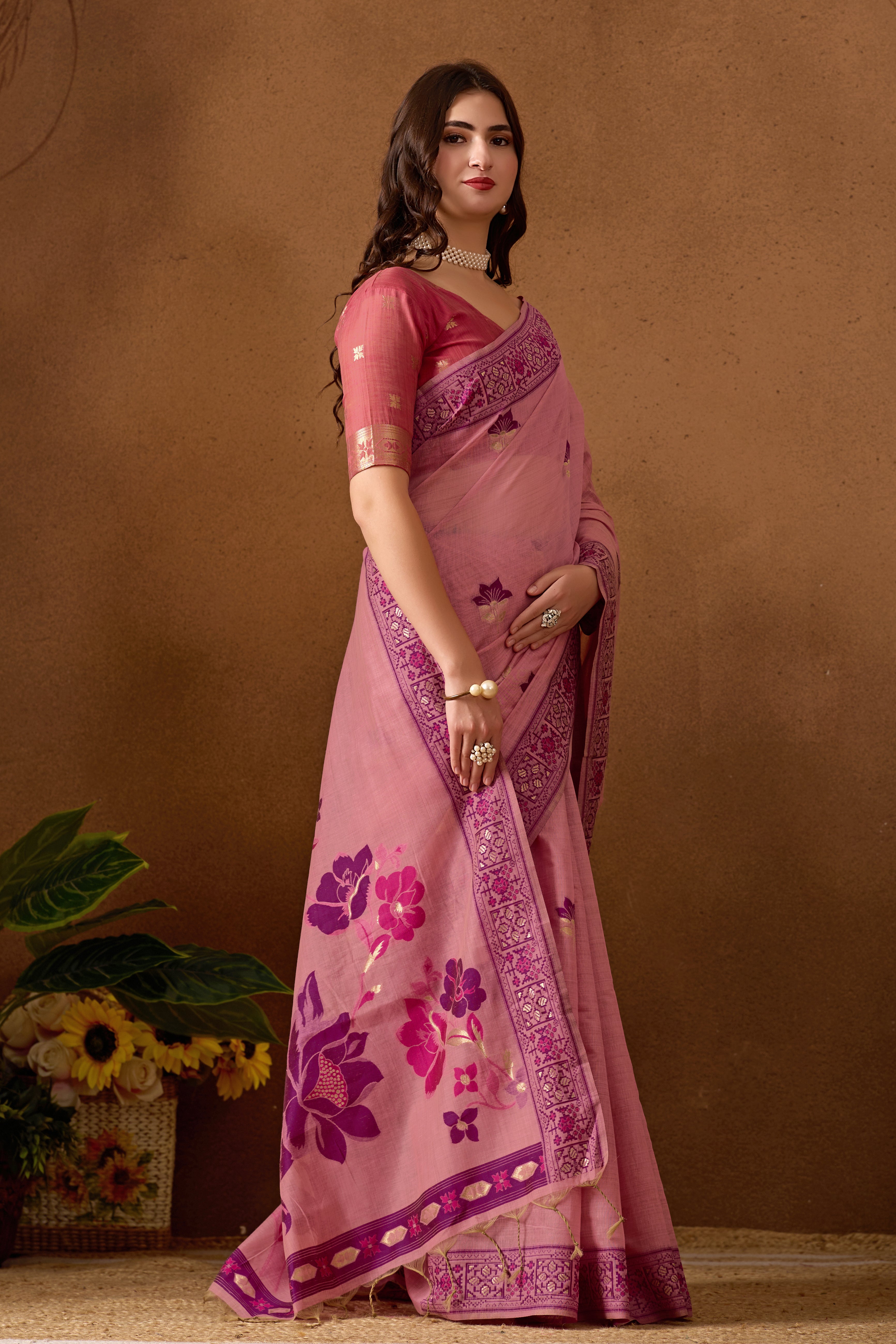Woven Design Ethnic Motif Muga Cotton Saree in Pink