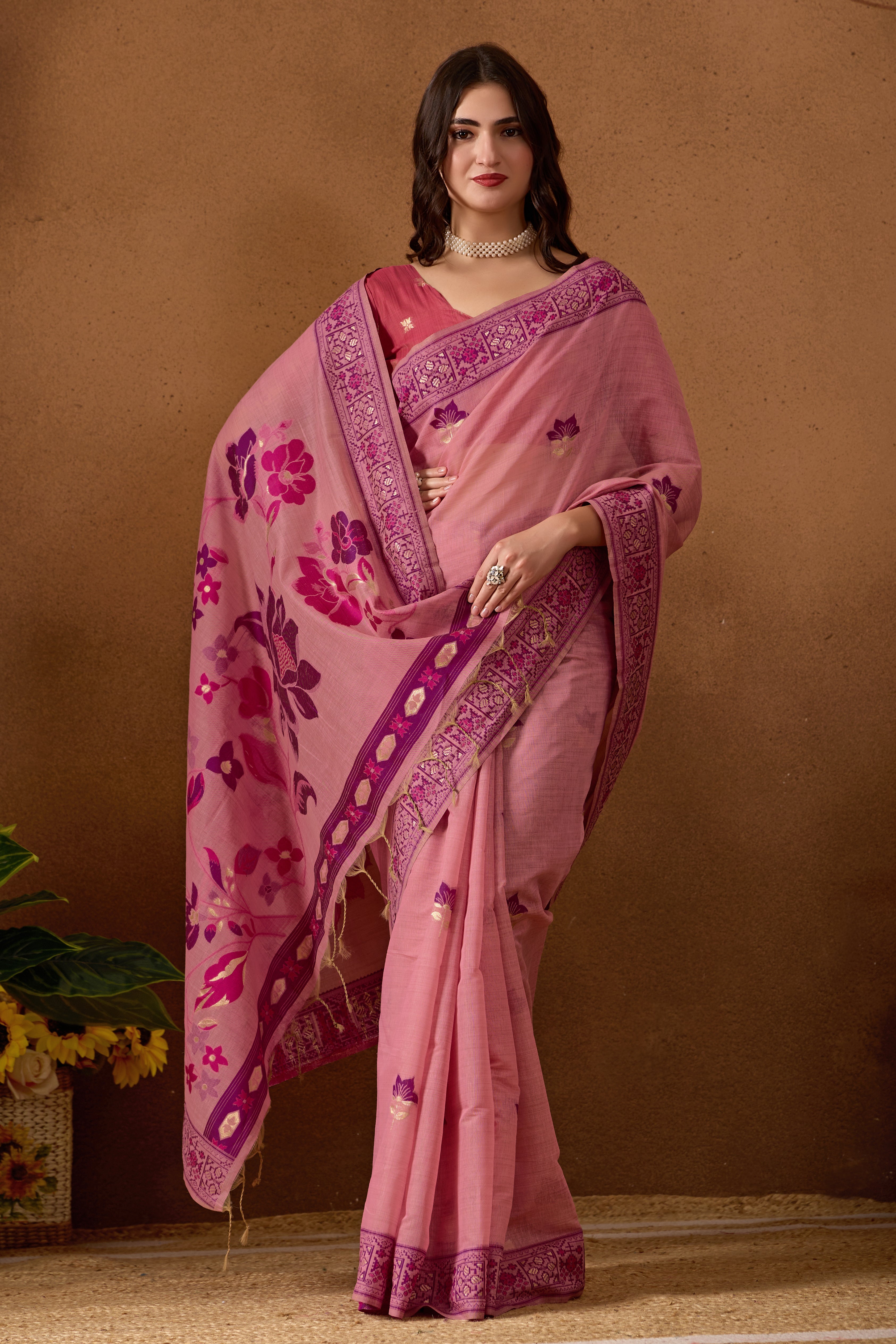 Woven Design Ethnic Motif Muga Cotton Saree in Pink