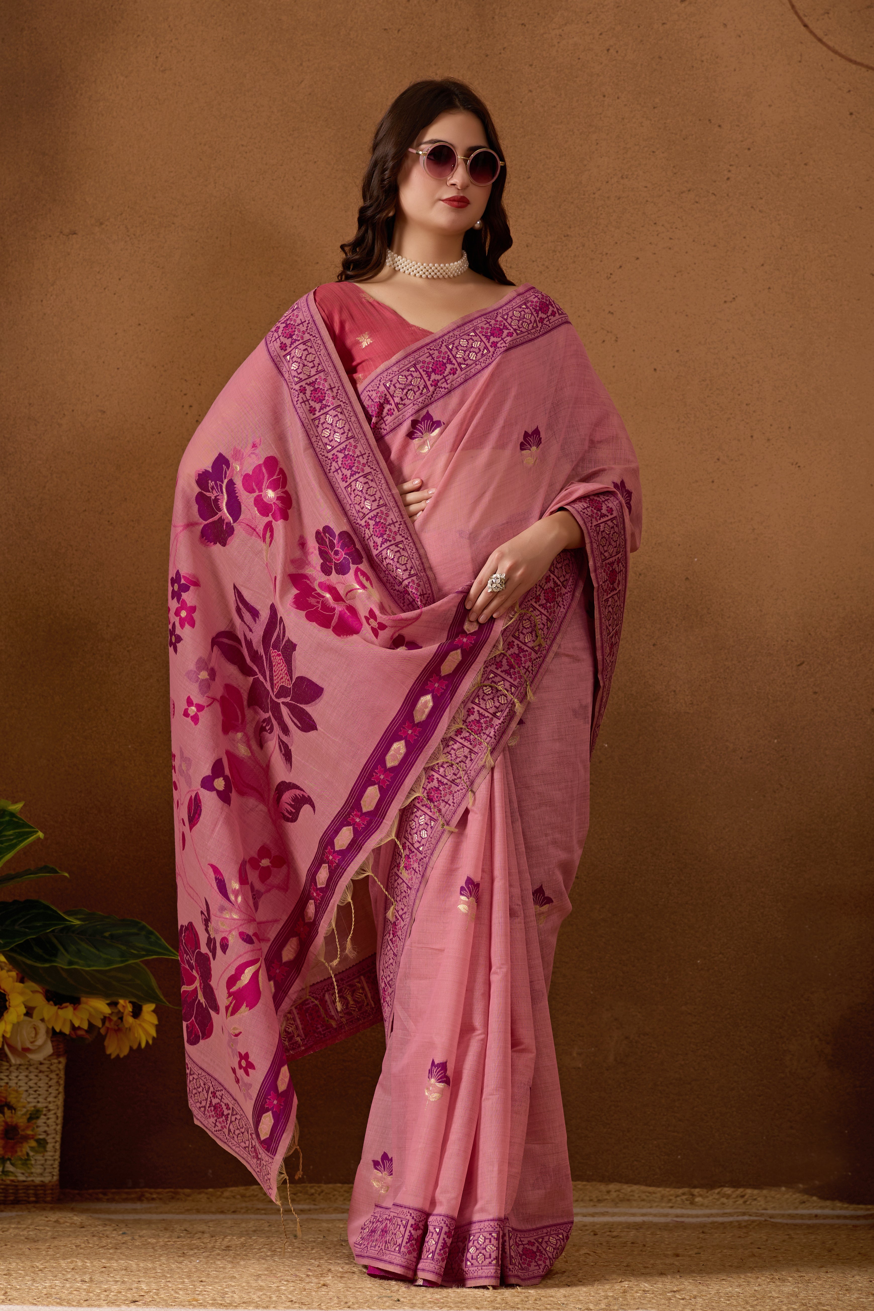 Woven Design Ethnic Motif Muga Cotton Saree in Pink
