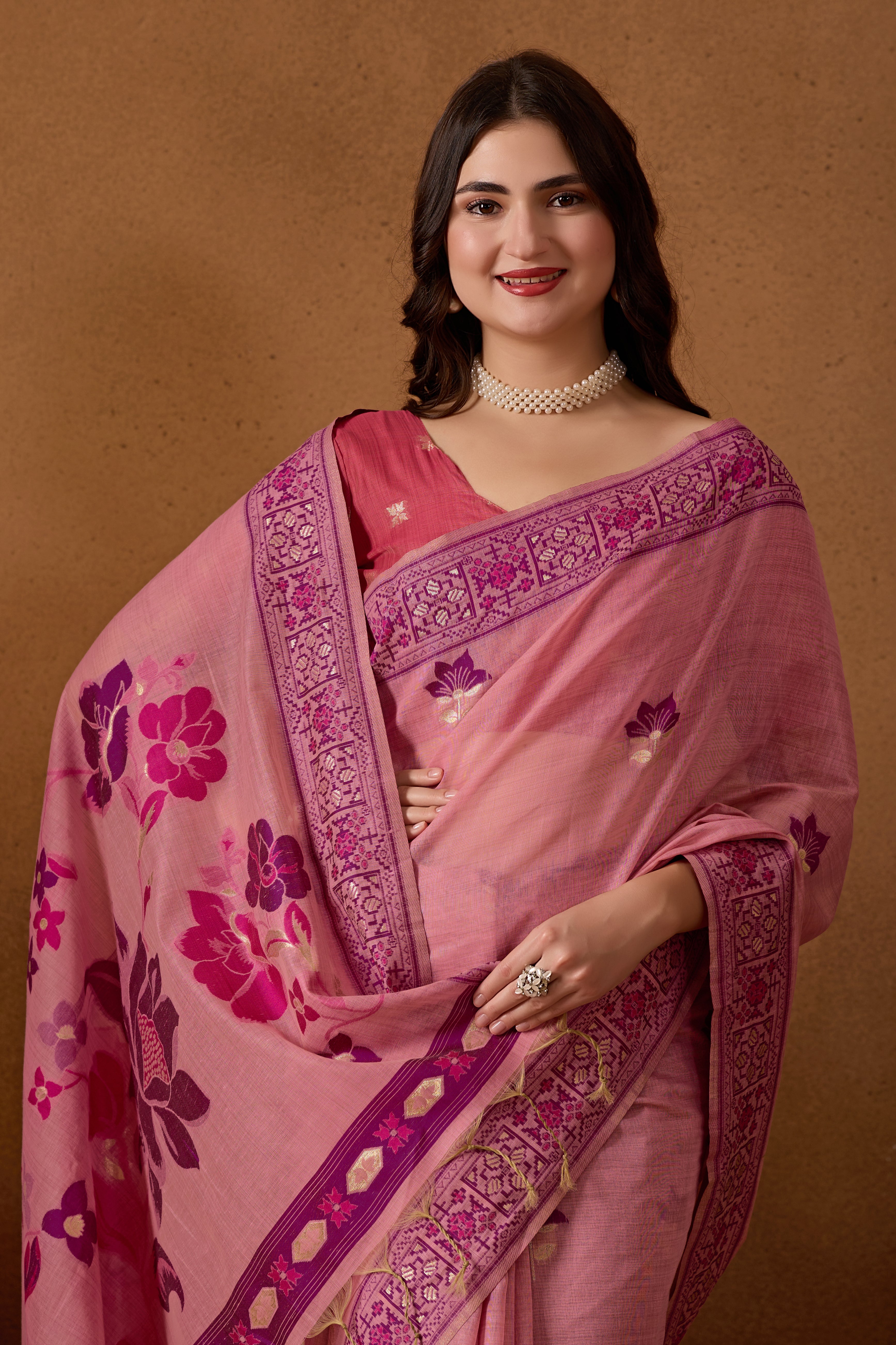 Woven Design Ethnic Motif Muga Cotton Saree in Pink