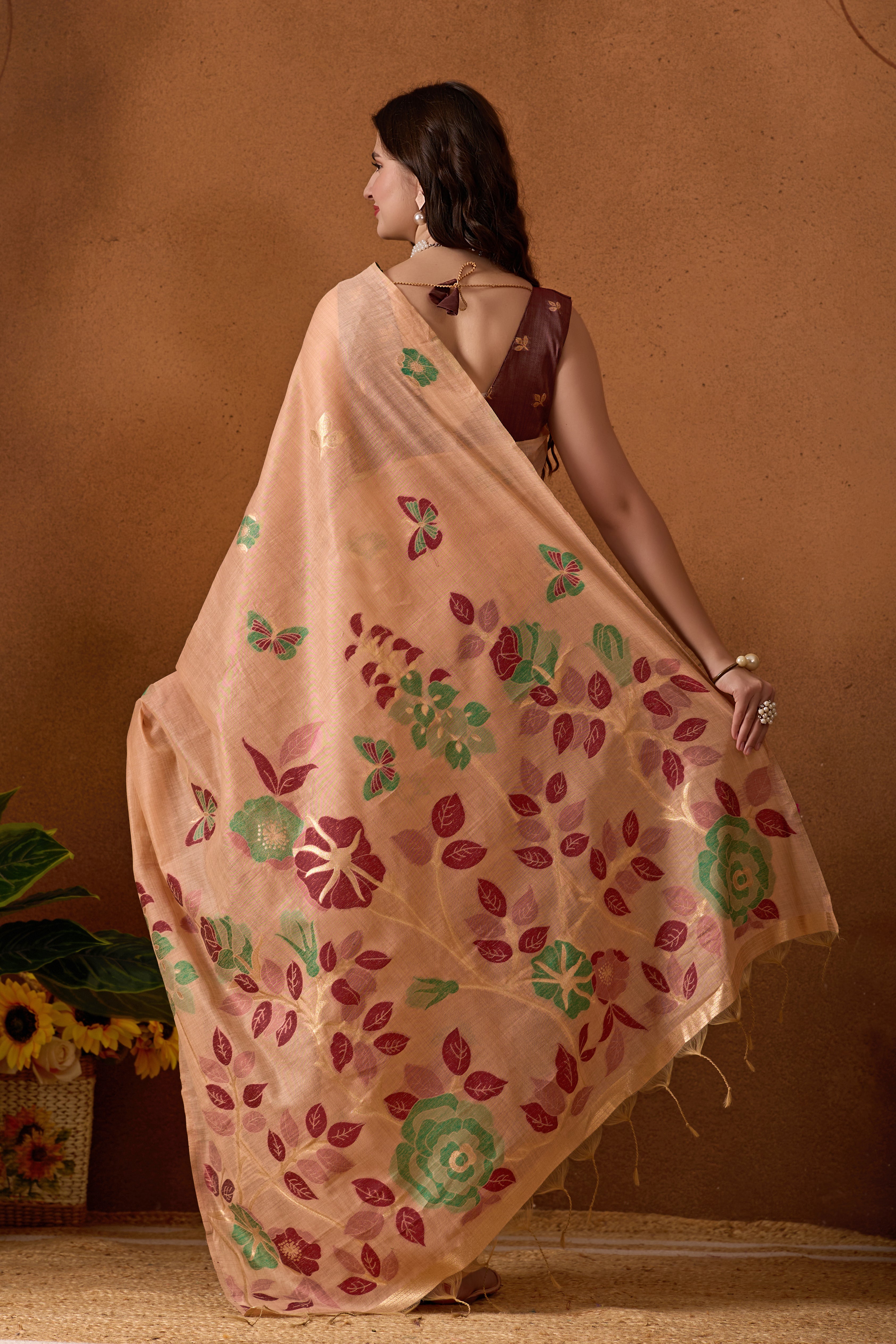 Muga Cotton Floral Butterfly Saree in Peach