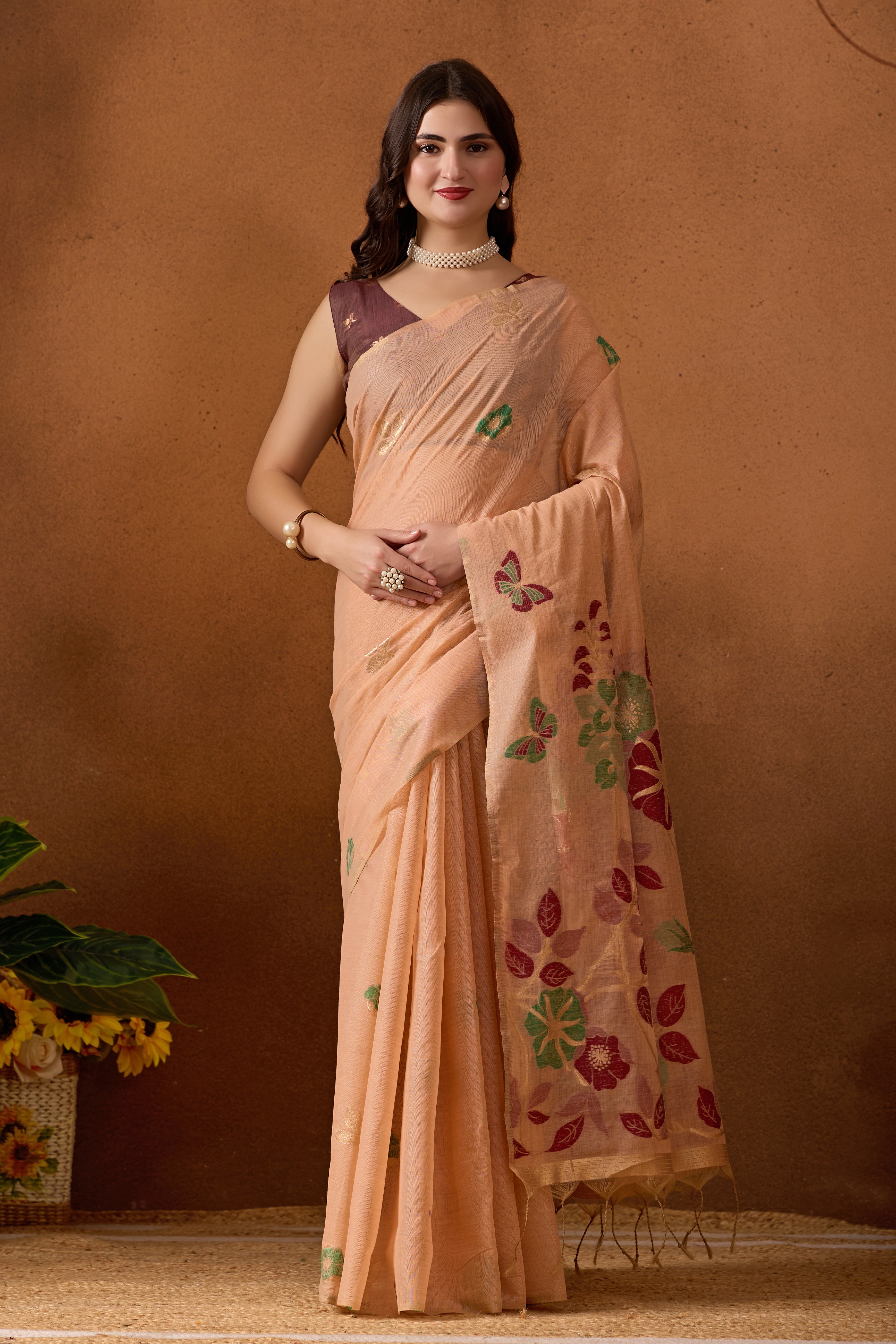 Muga Cotton Floral Butterfly Saree in Peach
