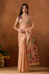 Muga Cotton Floral Butterfly Saree in Peach