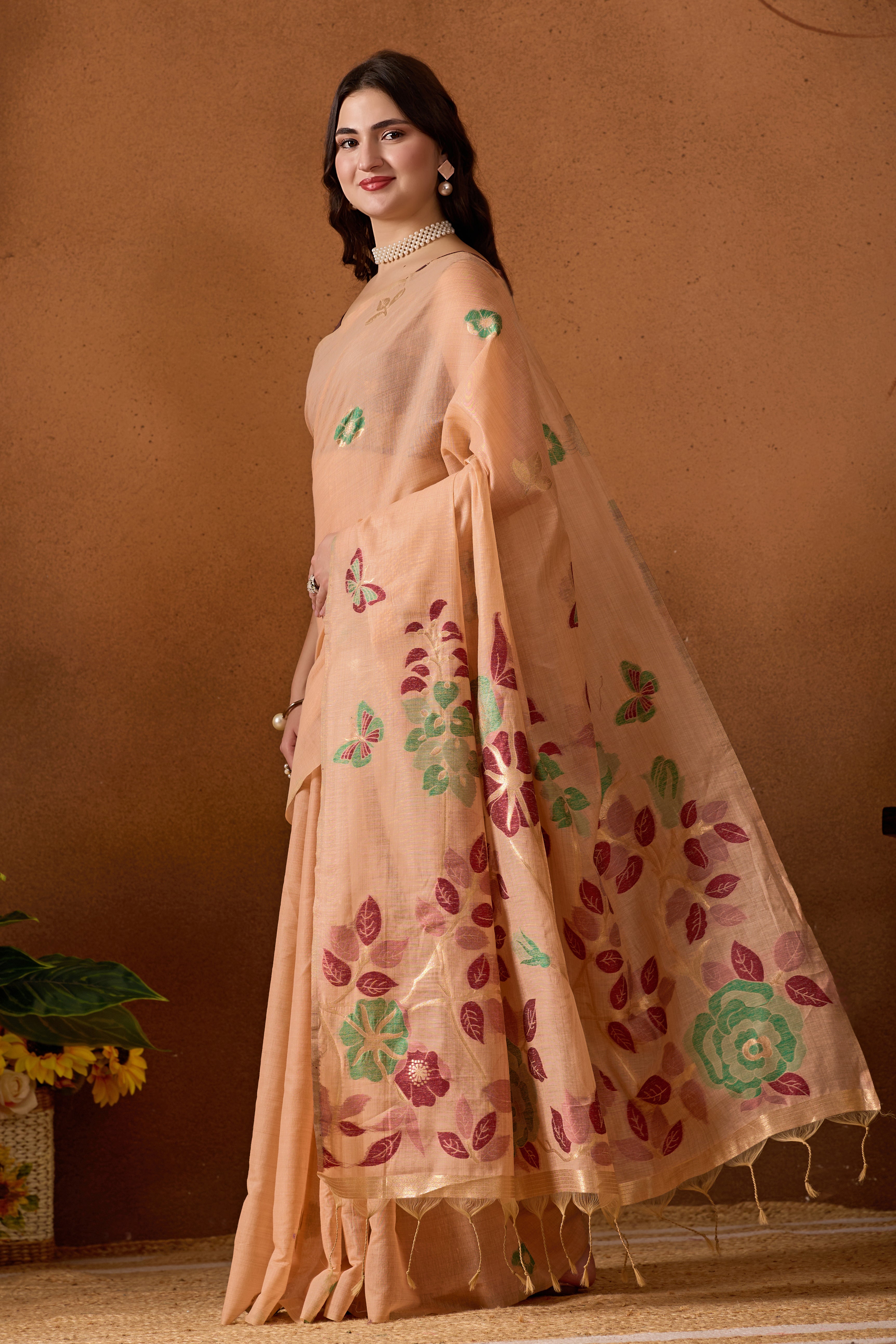 Muga Cotton Floral Butterfly Saree in Peach