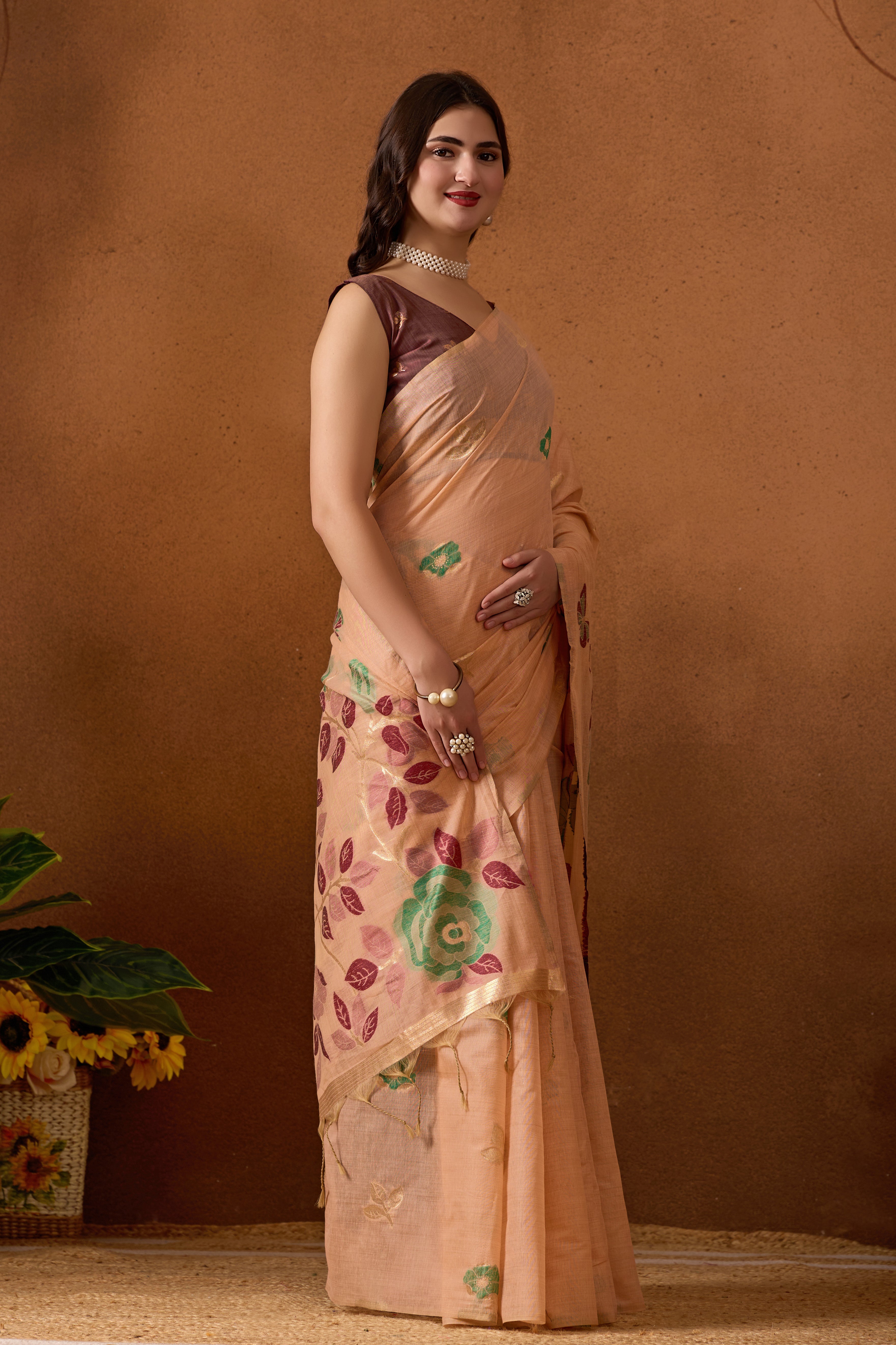 Muga Cotton Floral Butterfly Saree in Peach
