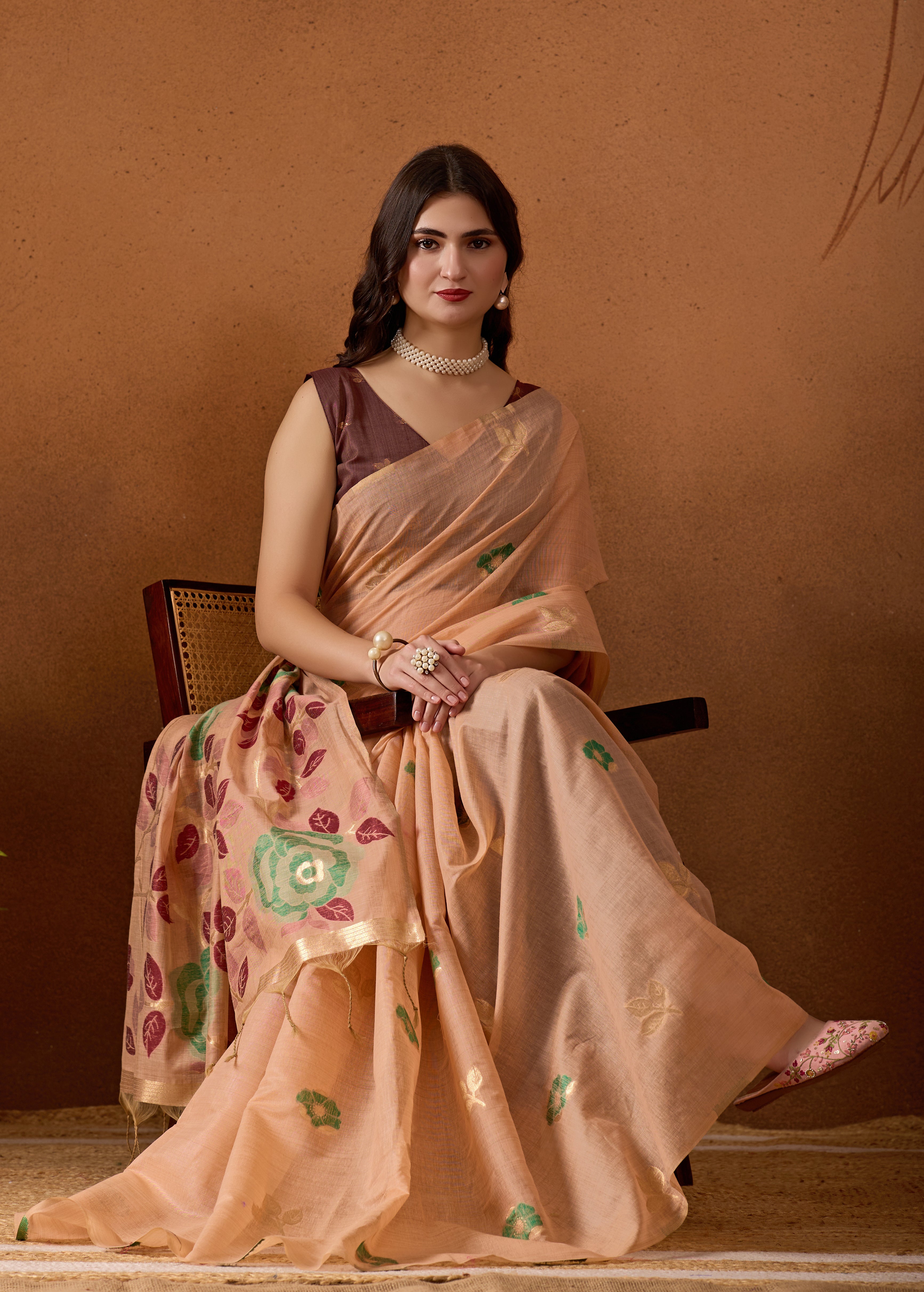 Muga Cotton Floral Butterfly Saree in Peach