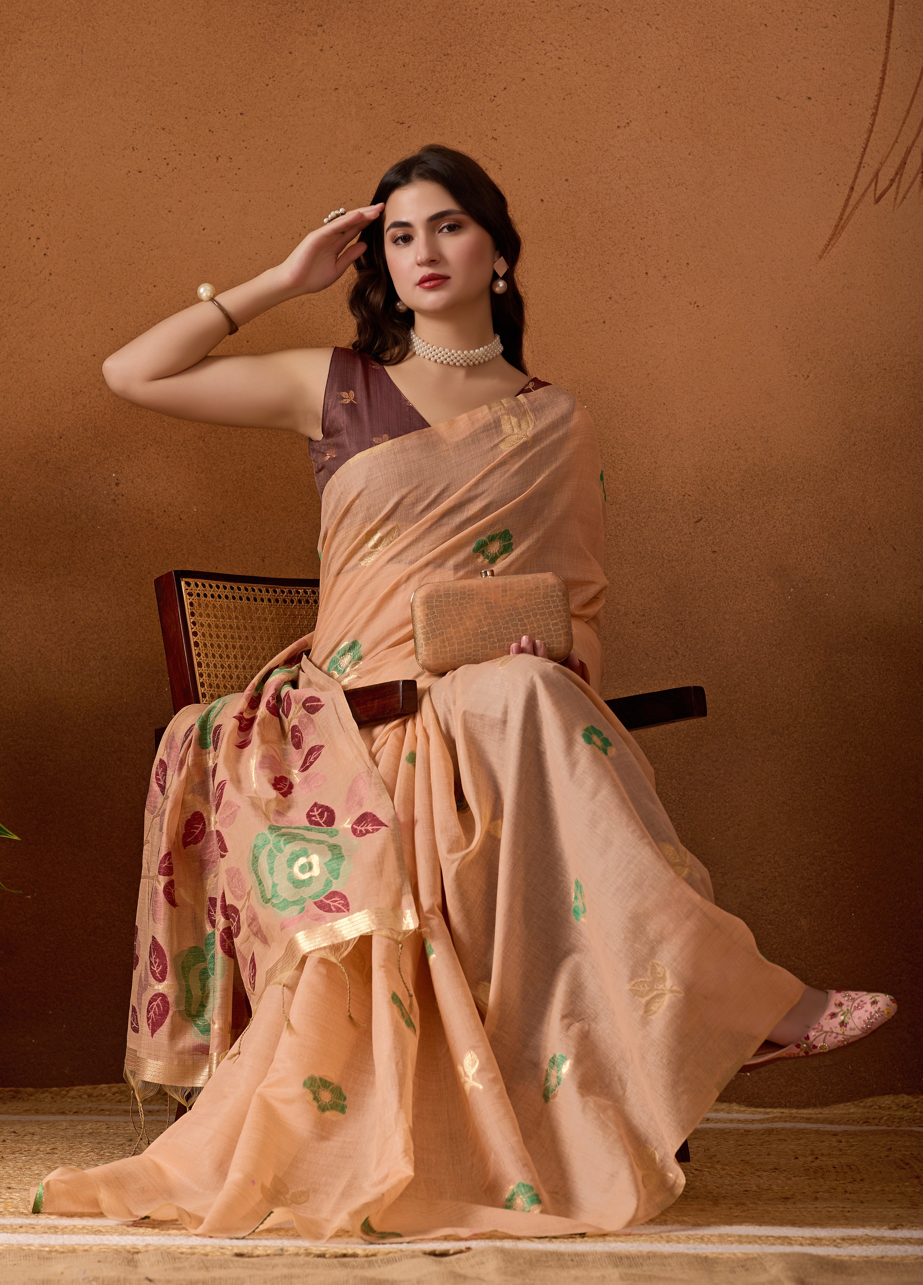Muga Cotton Floral Butterfly Saree in Peach