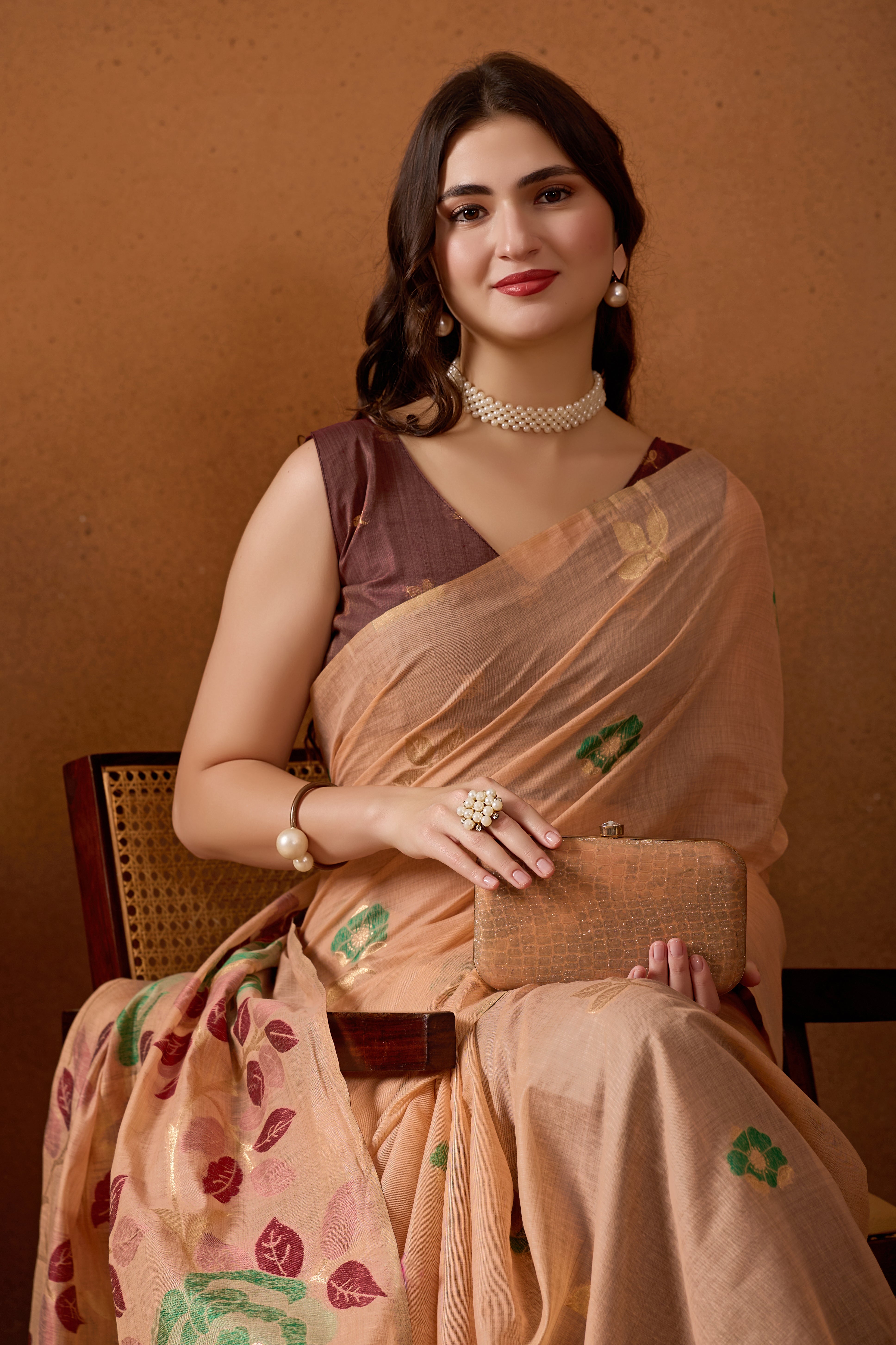 Muga Cotton Floral Butterfly Saree in Peach