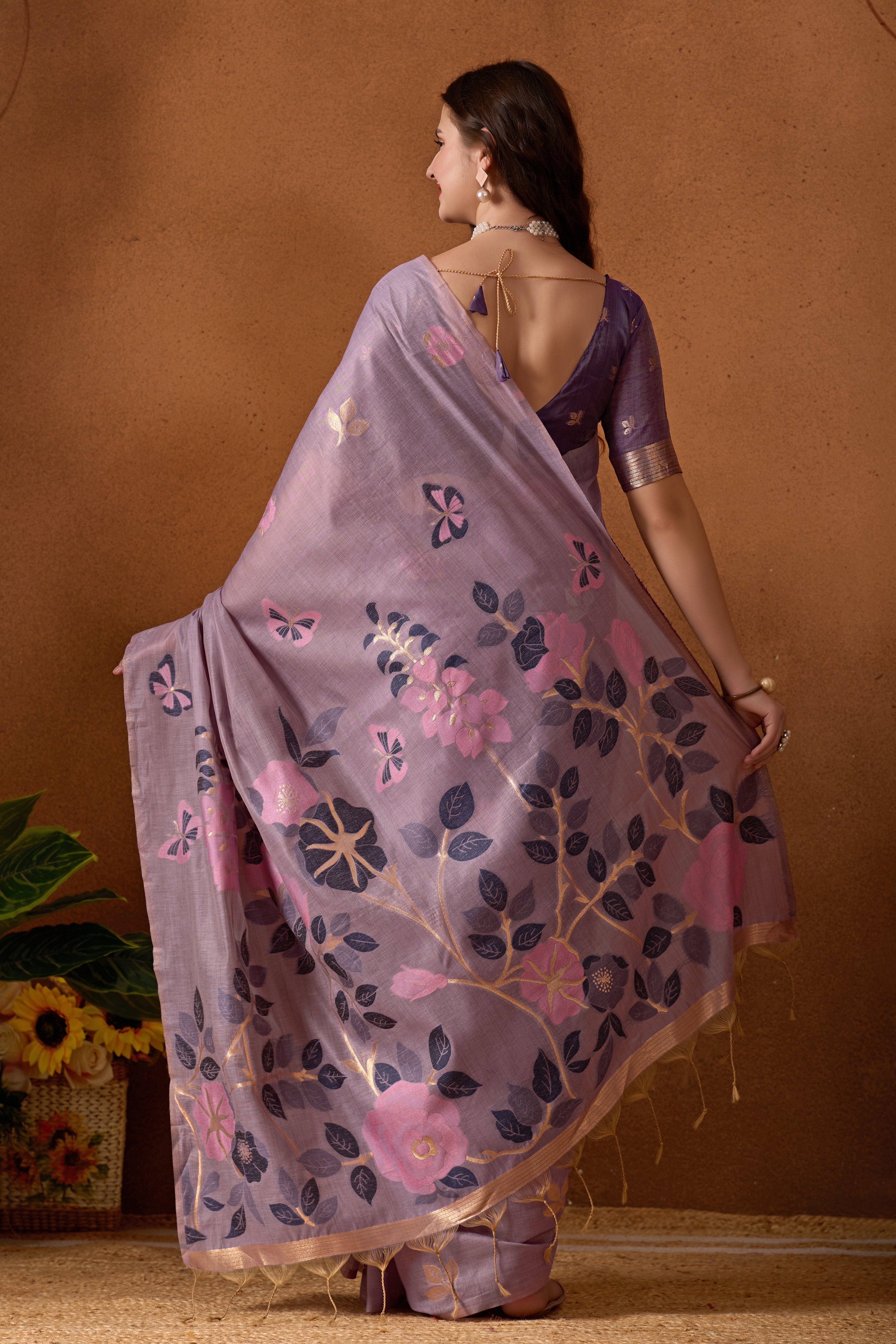 Muga Cotton Floral Butterfly Saree in Lavender