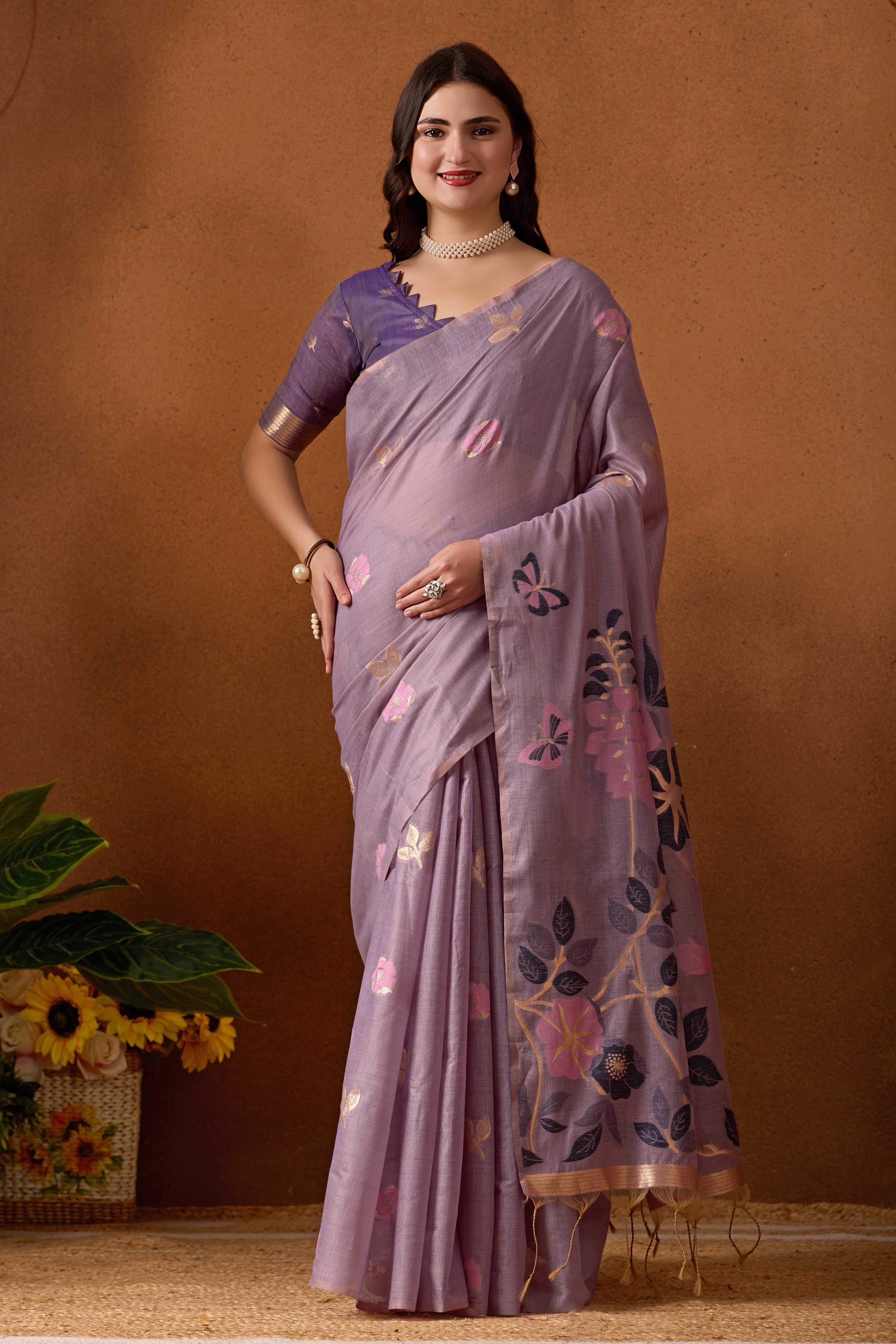 Muga Cotton Floral Butterfly Saree in Lavender