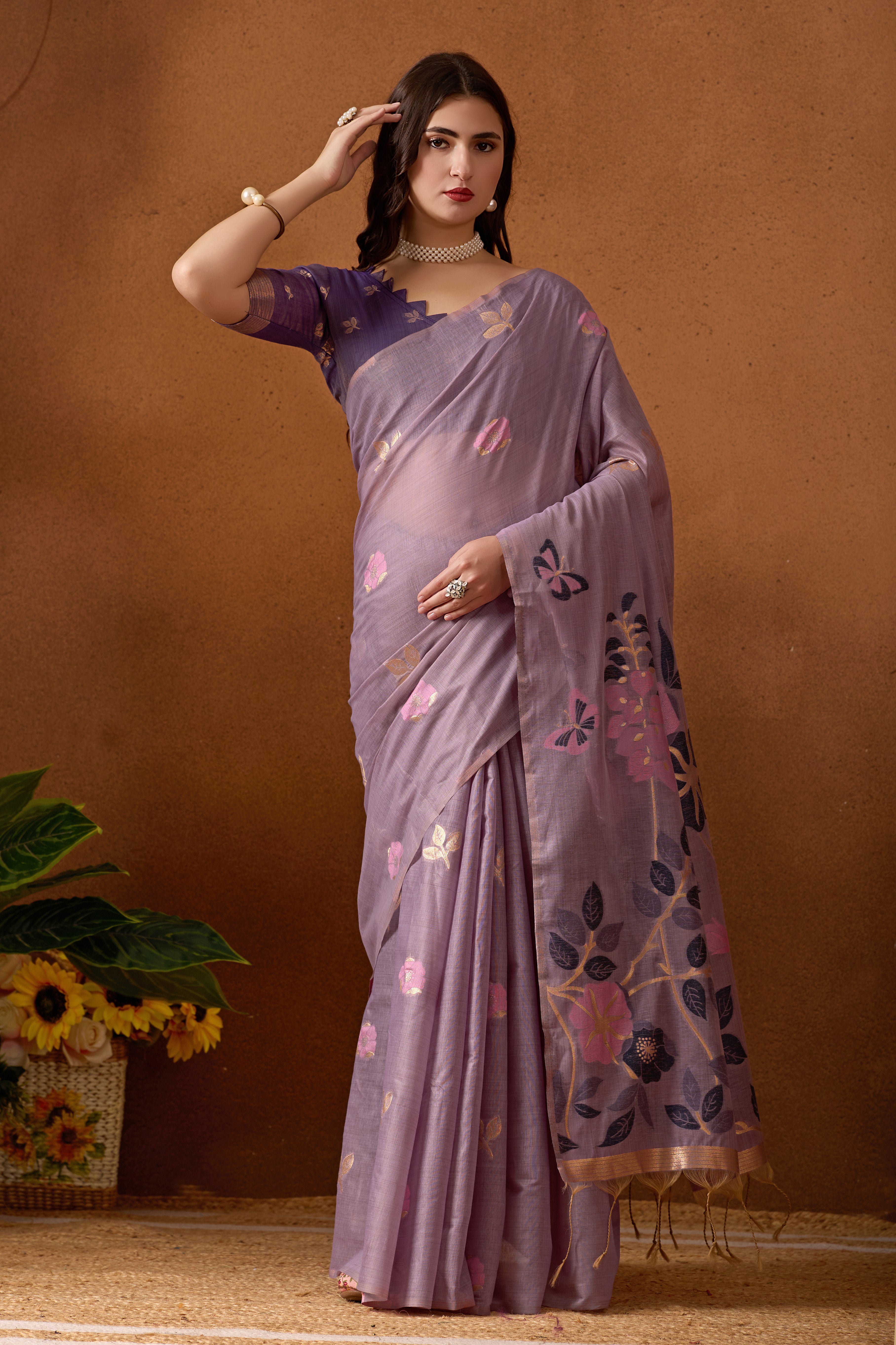 Muga Cotton Floral Butterfly Saree in Lavender