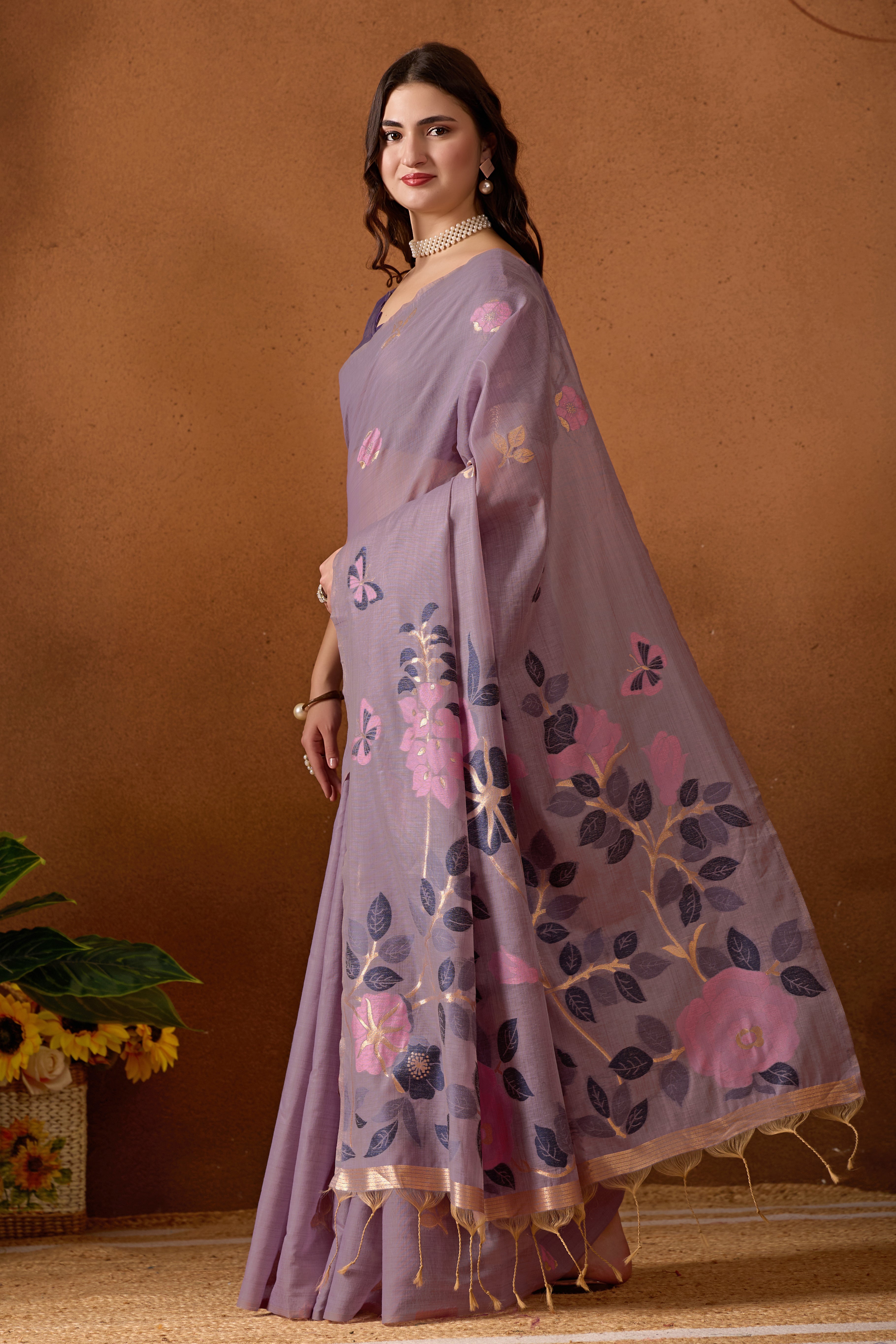 Muga Cotton Floral Butterfly Saree in Lavender