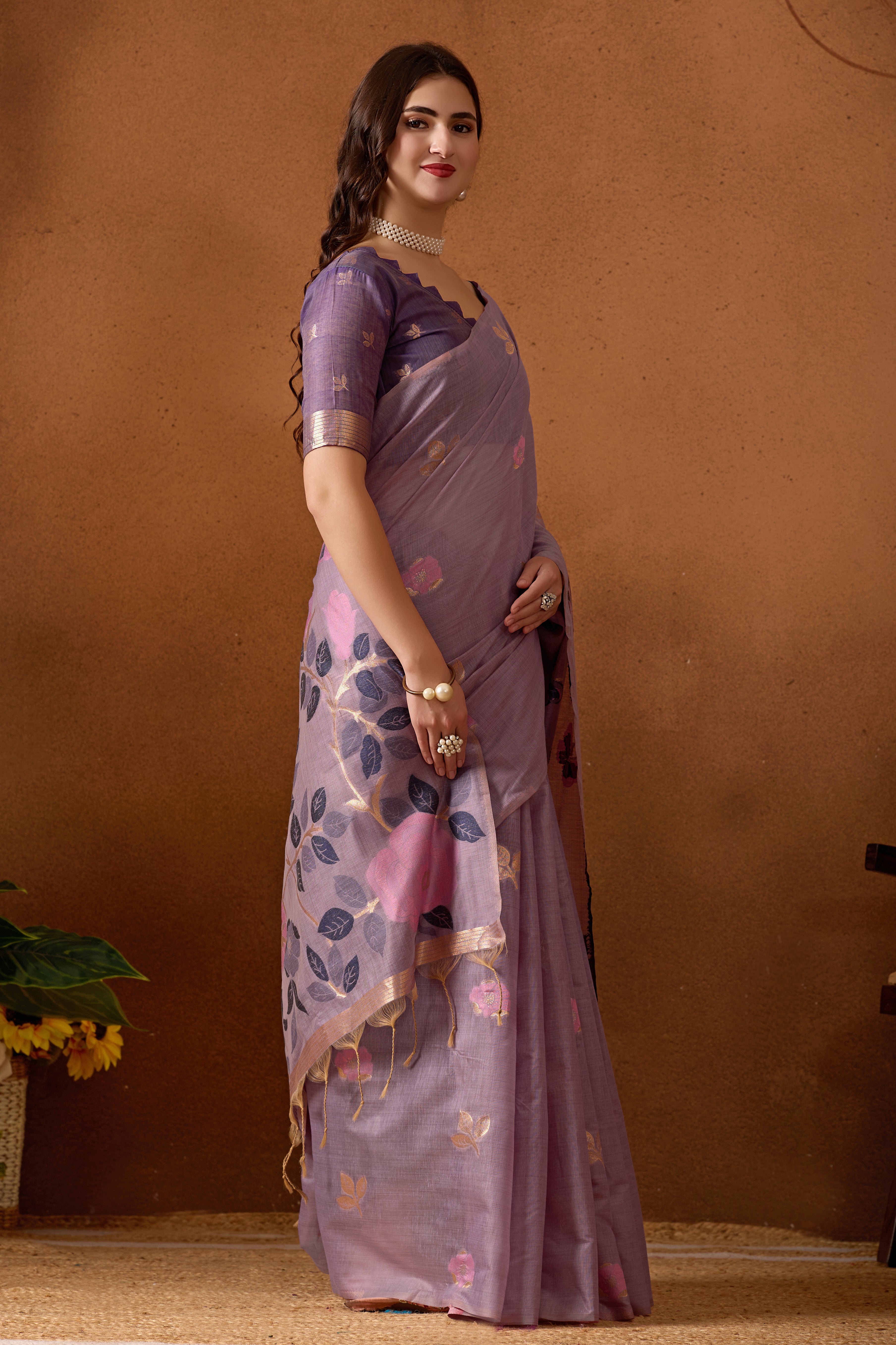 Muga Cotton Floral Butterfly Saree in Lavender