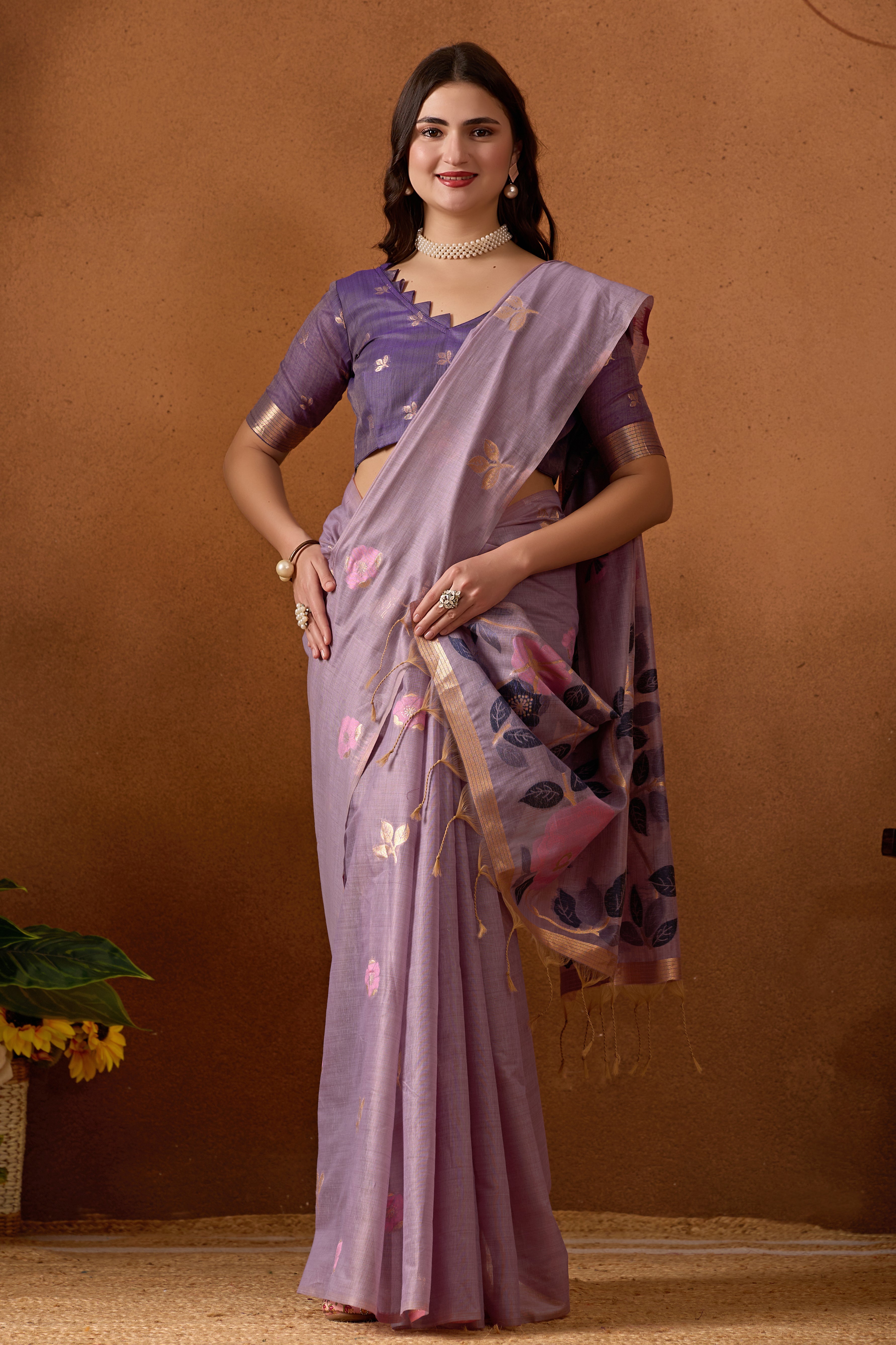 Muga Cotton Floral Butterfly Saree in Lavender
