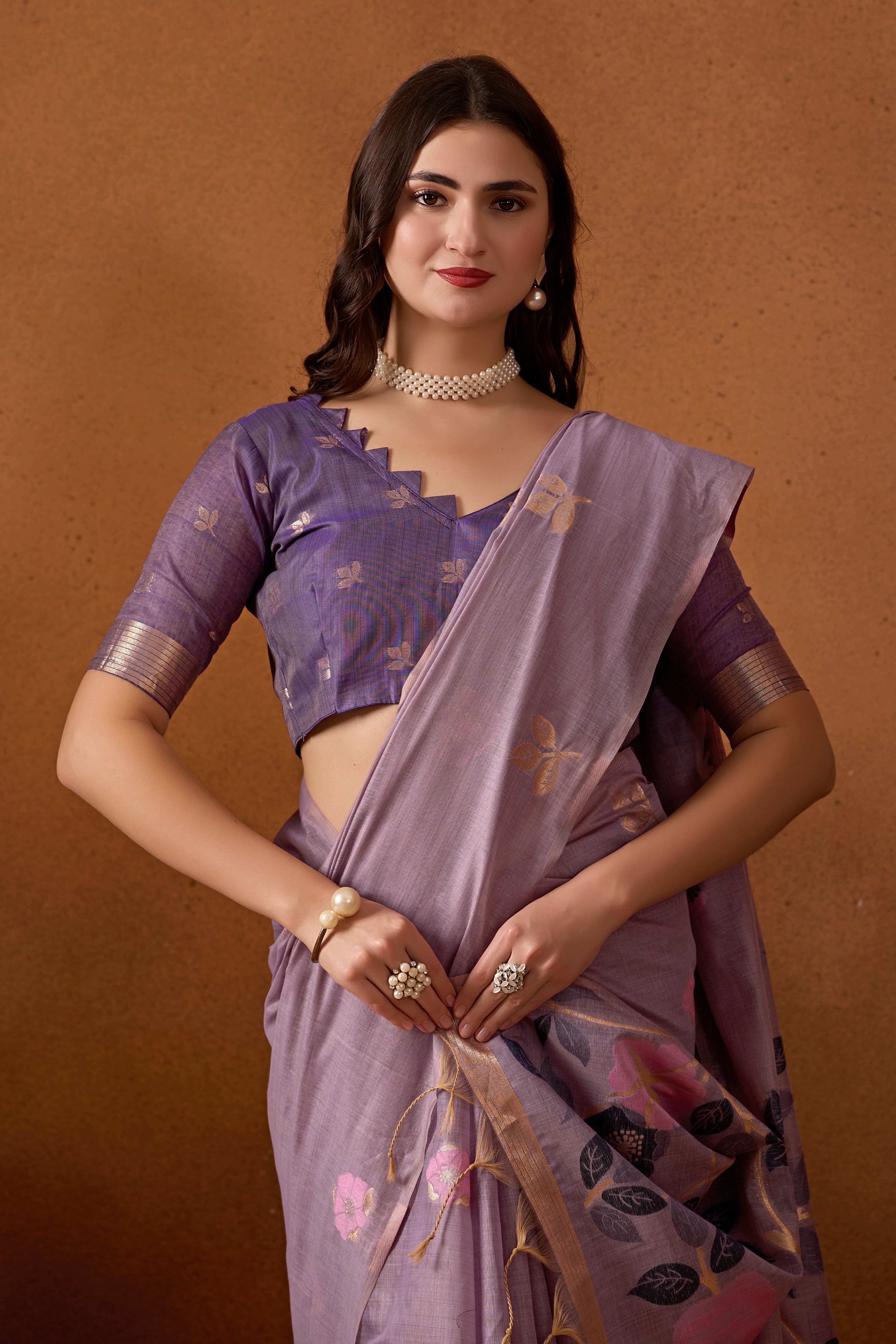 Muga Cotton Floral Butterfly Saree in Lavender