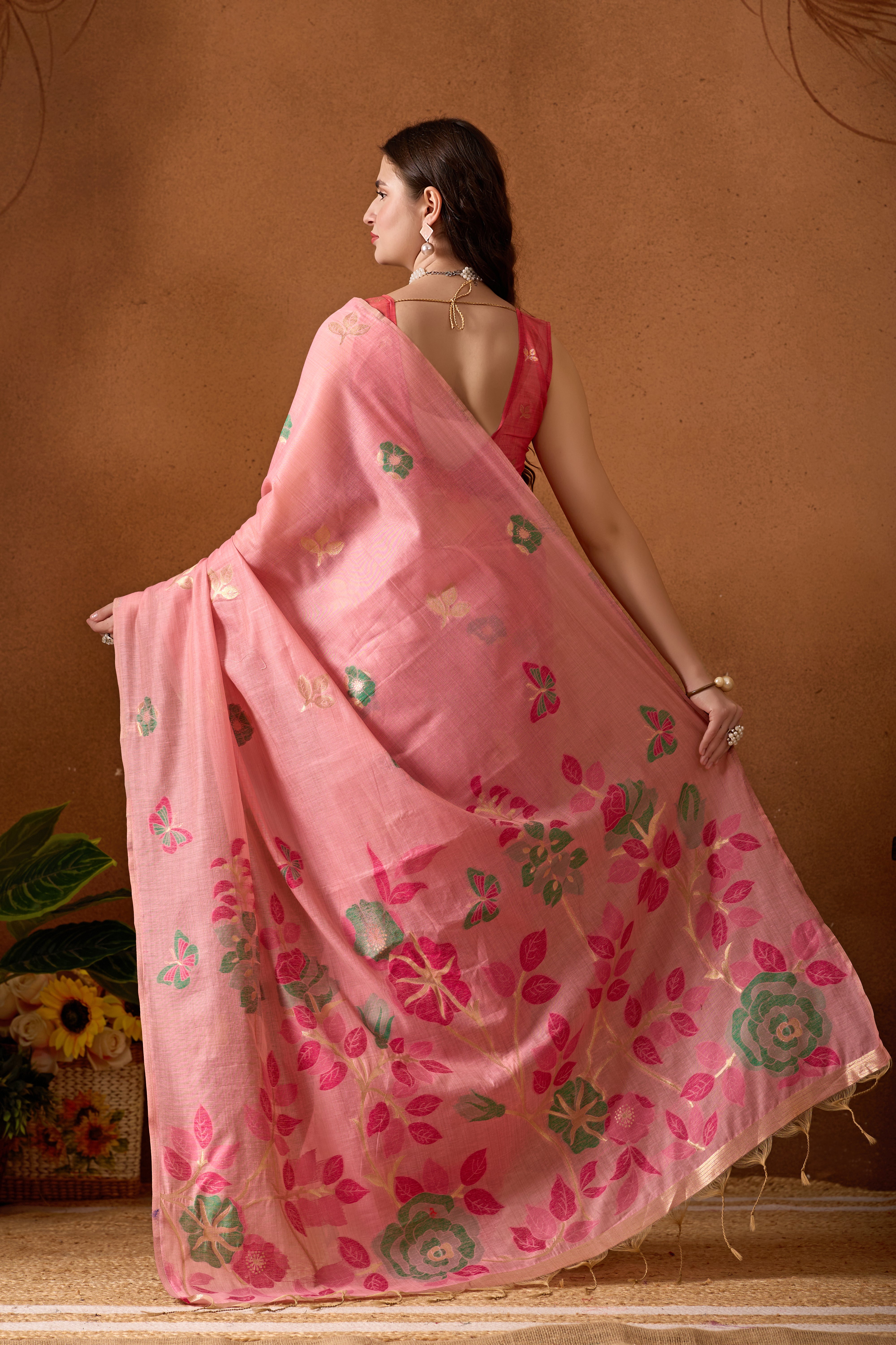 Muga Cotton Floral Butterfly Saree in Pink