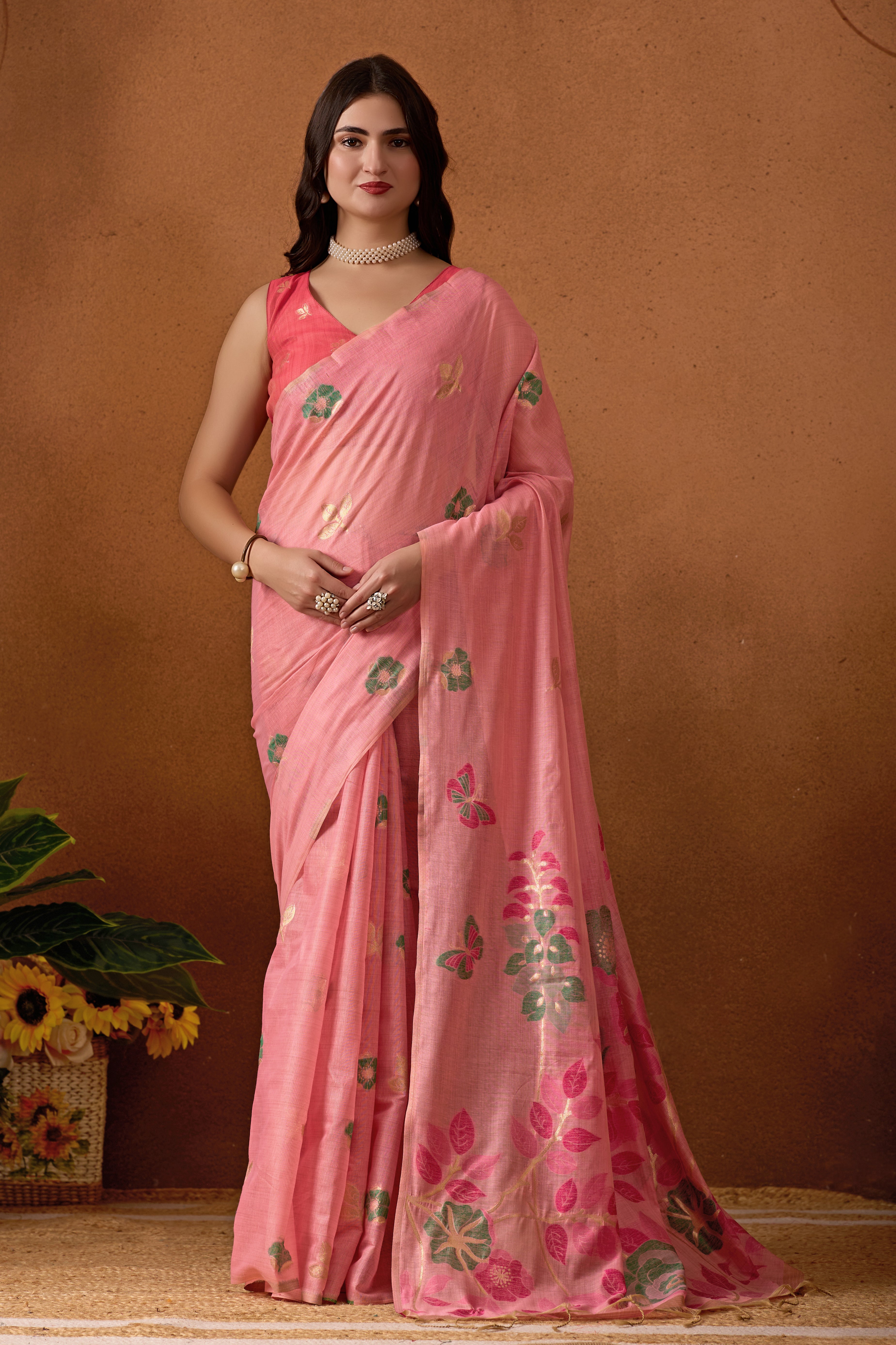 Muga Cotton Floral Butterfly Saree in Pink