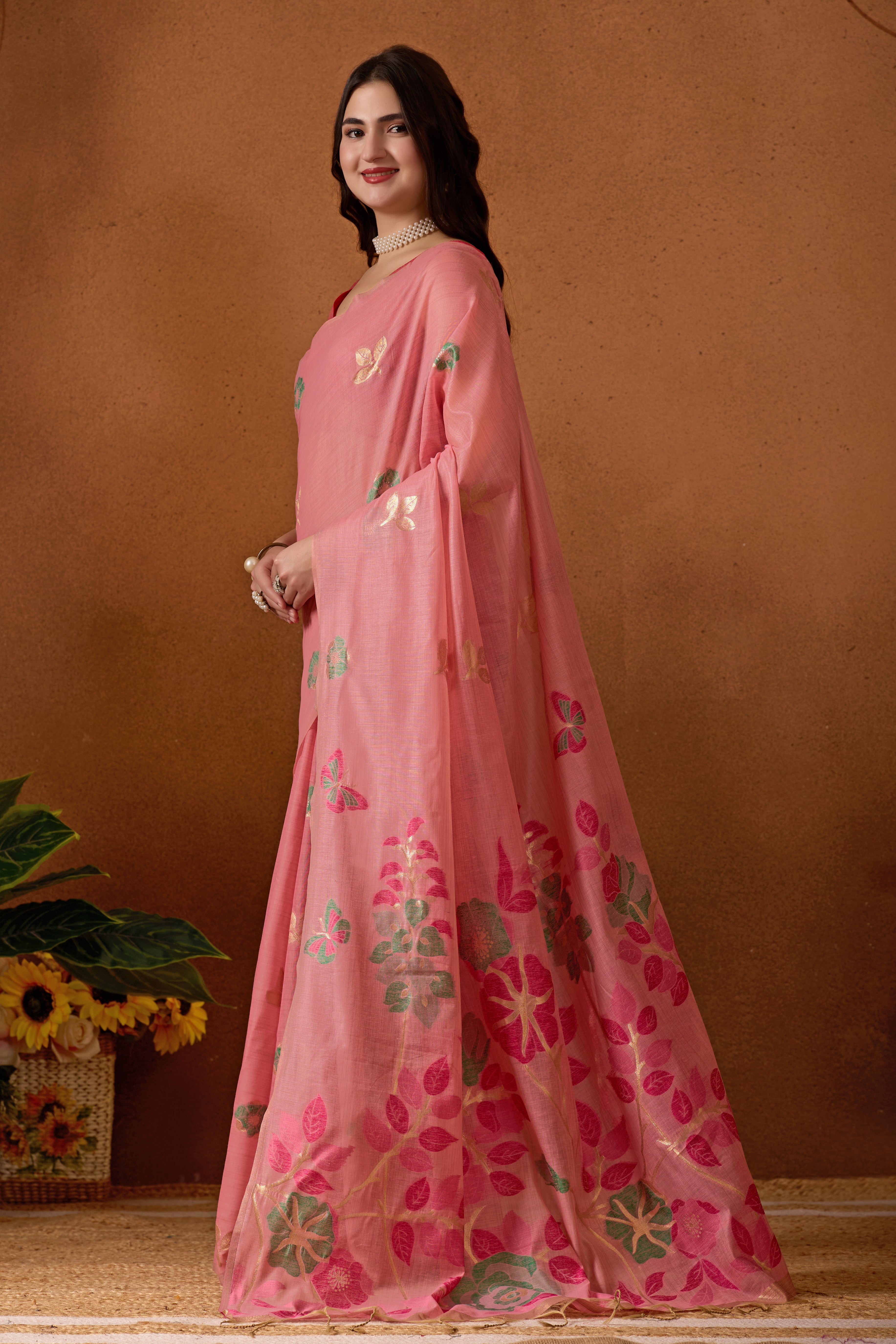 Muga Cotton Floral Butterfly Saree in Pink
