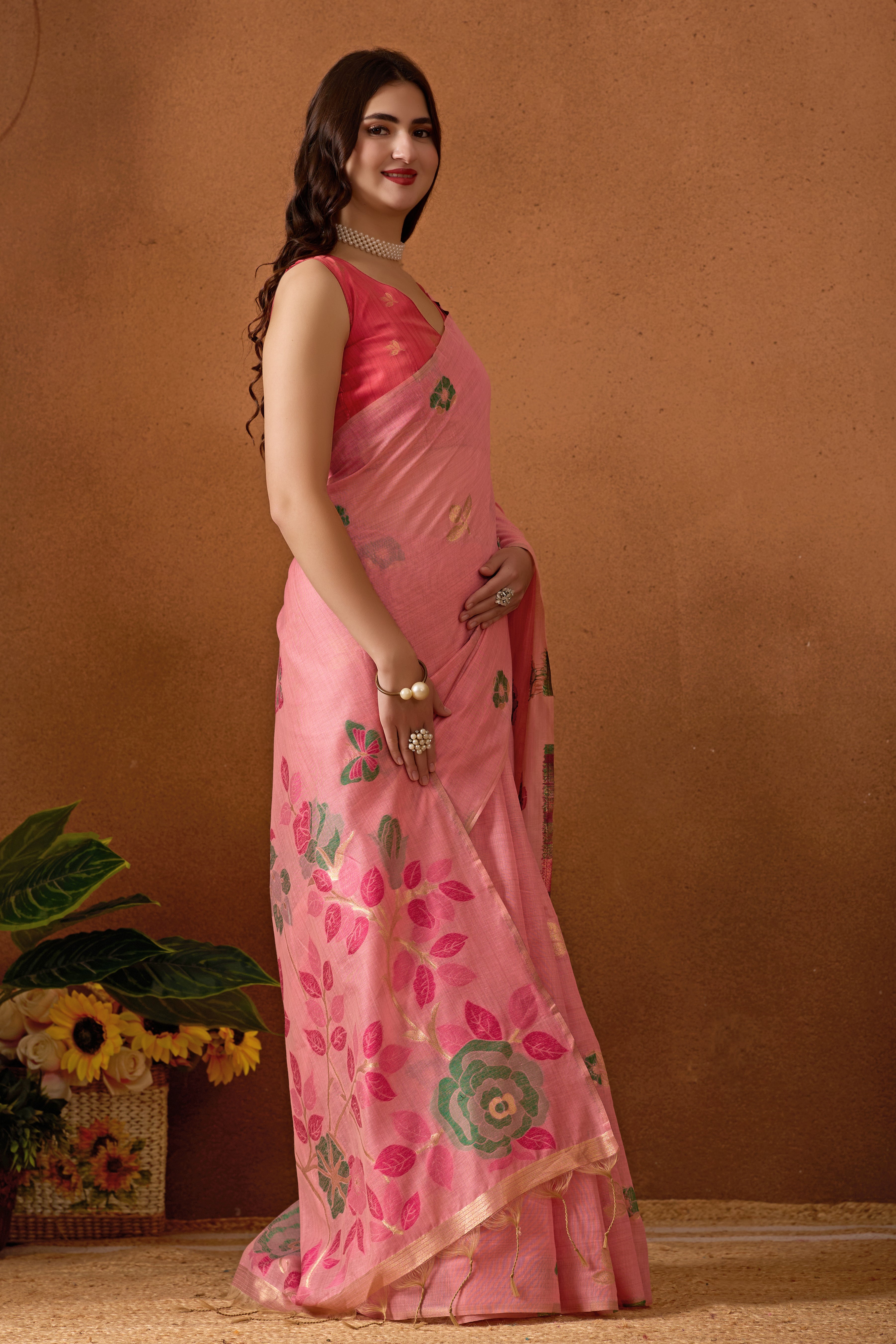 Muga Cotton Floral Butterfly Saree in Pink