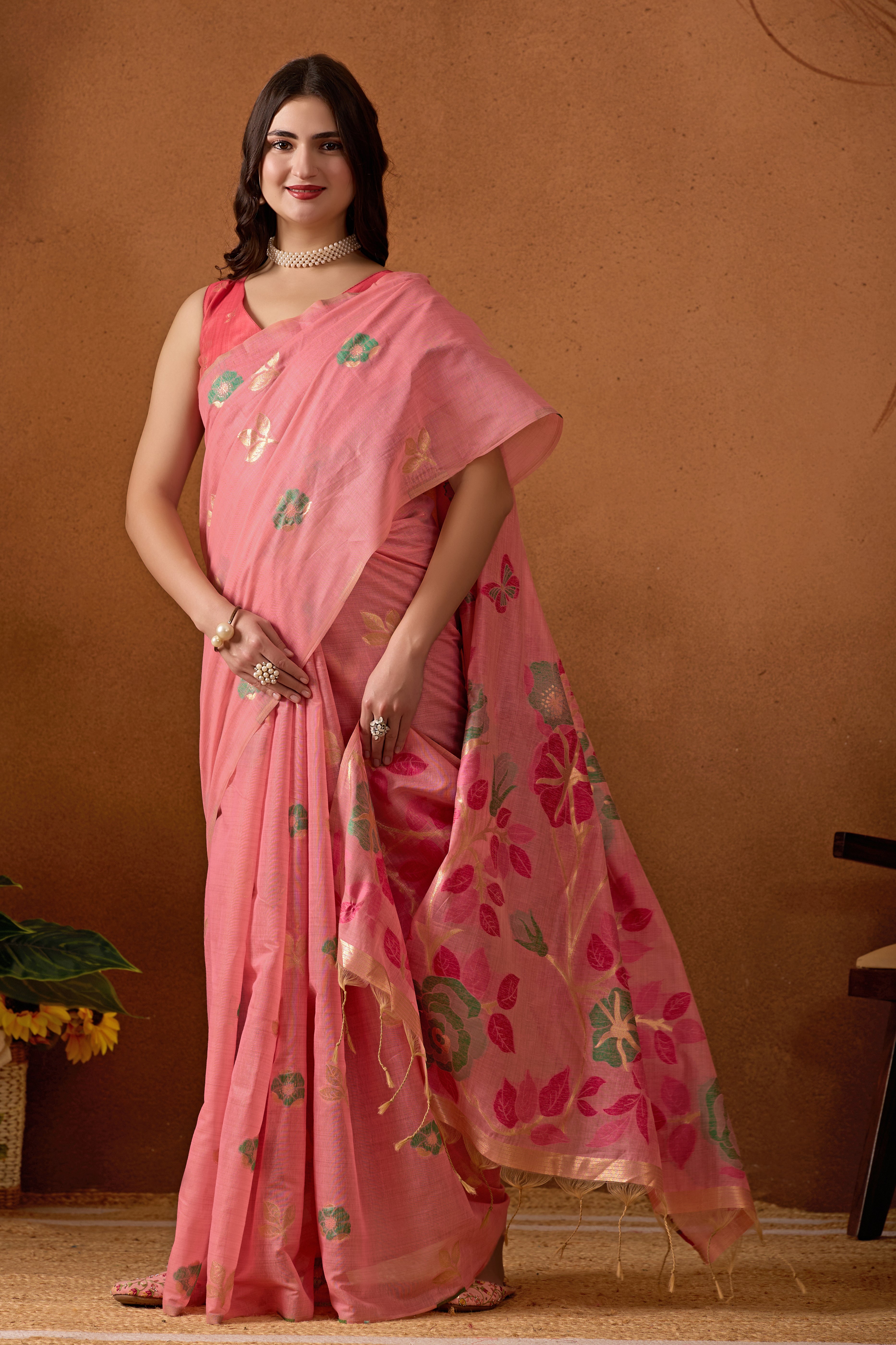 Muga Cotton Floral Butterfly Saree in Pink