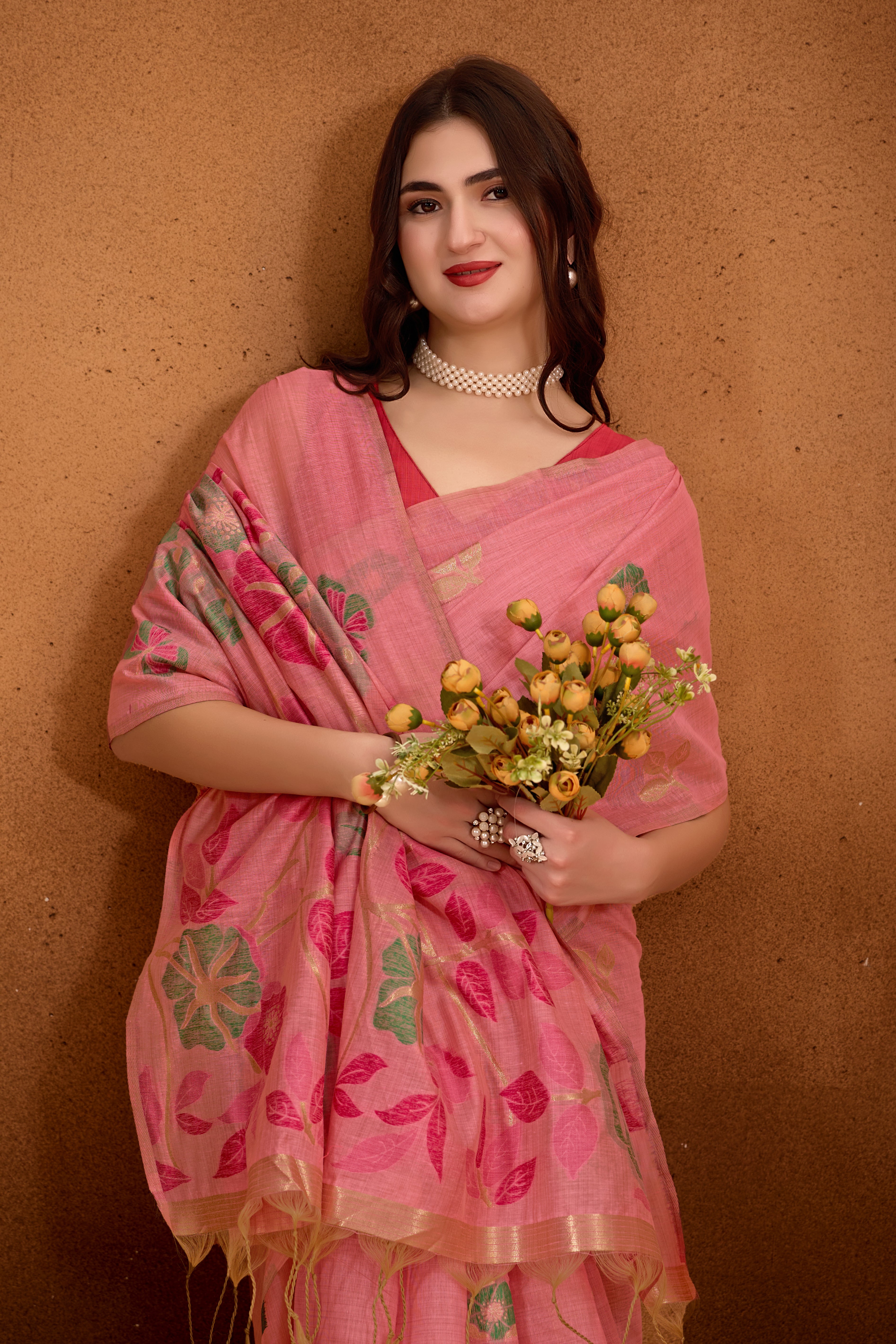 Muga Cotton Floral Butterfly Saree in Pink