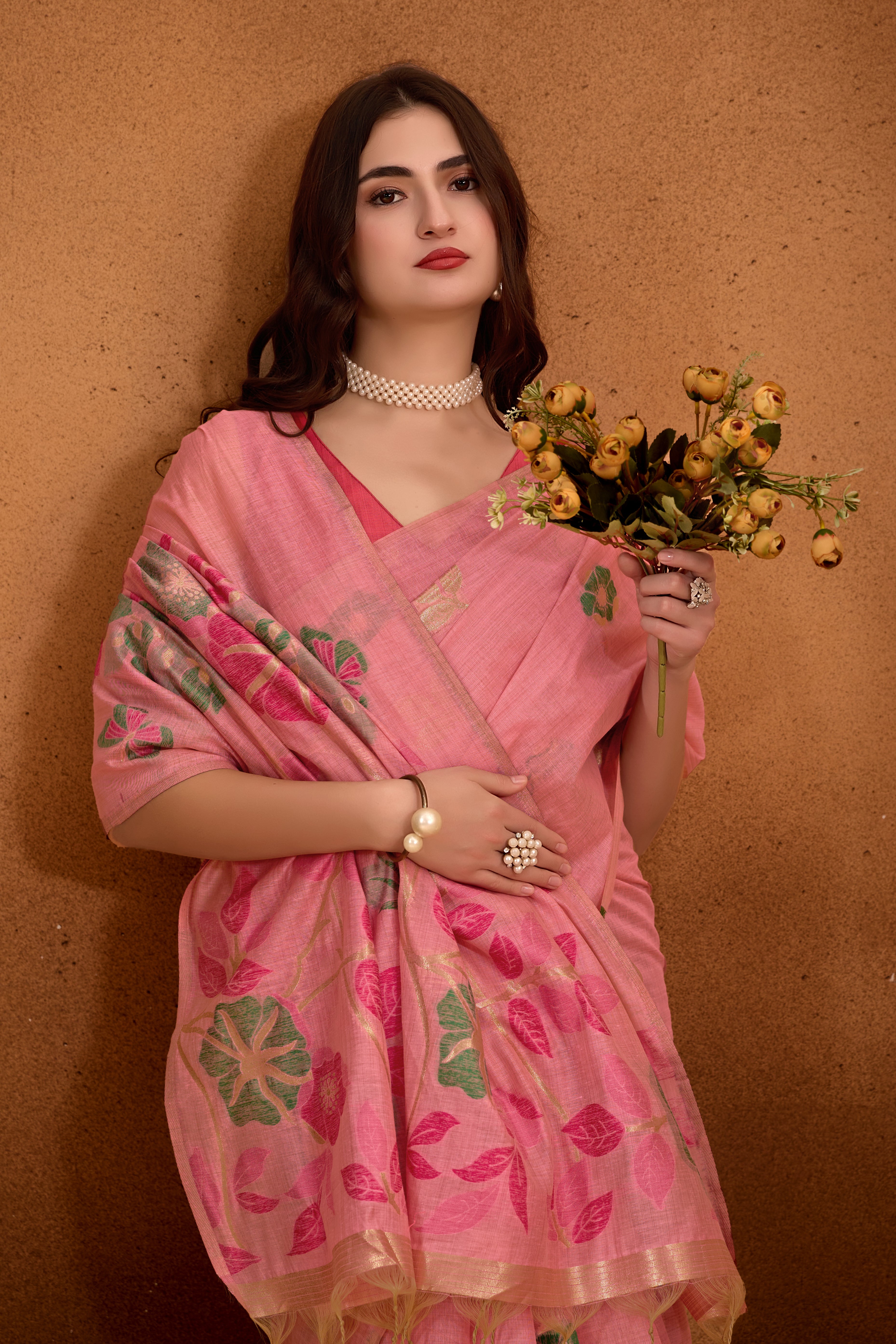 Muga Cotton Floral Butterfly Saree in Pink