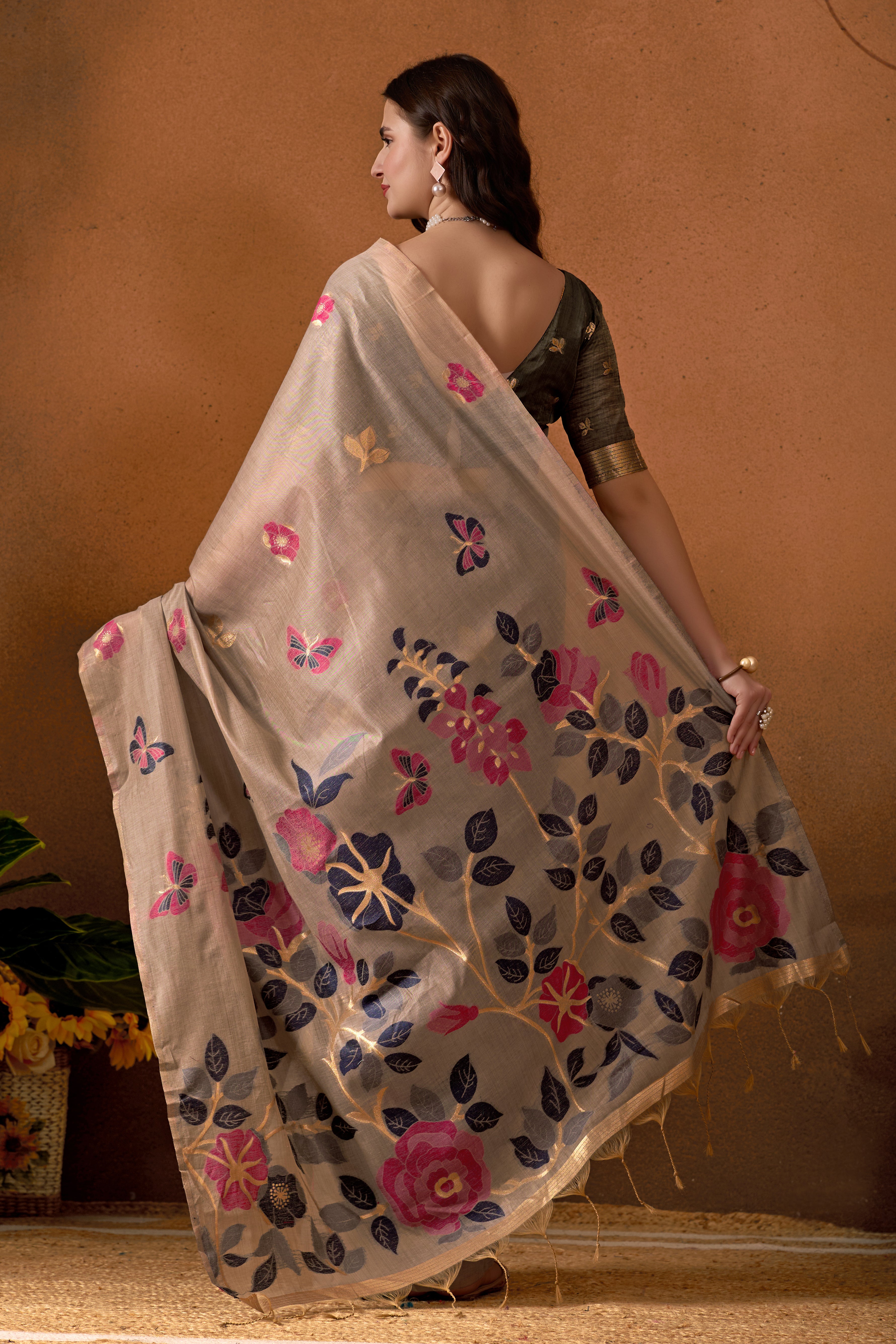 Muga Cotton Floral Butterfly Saree in Gray