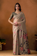 Muga Cotton Floral Butterfly Saree in Gray