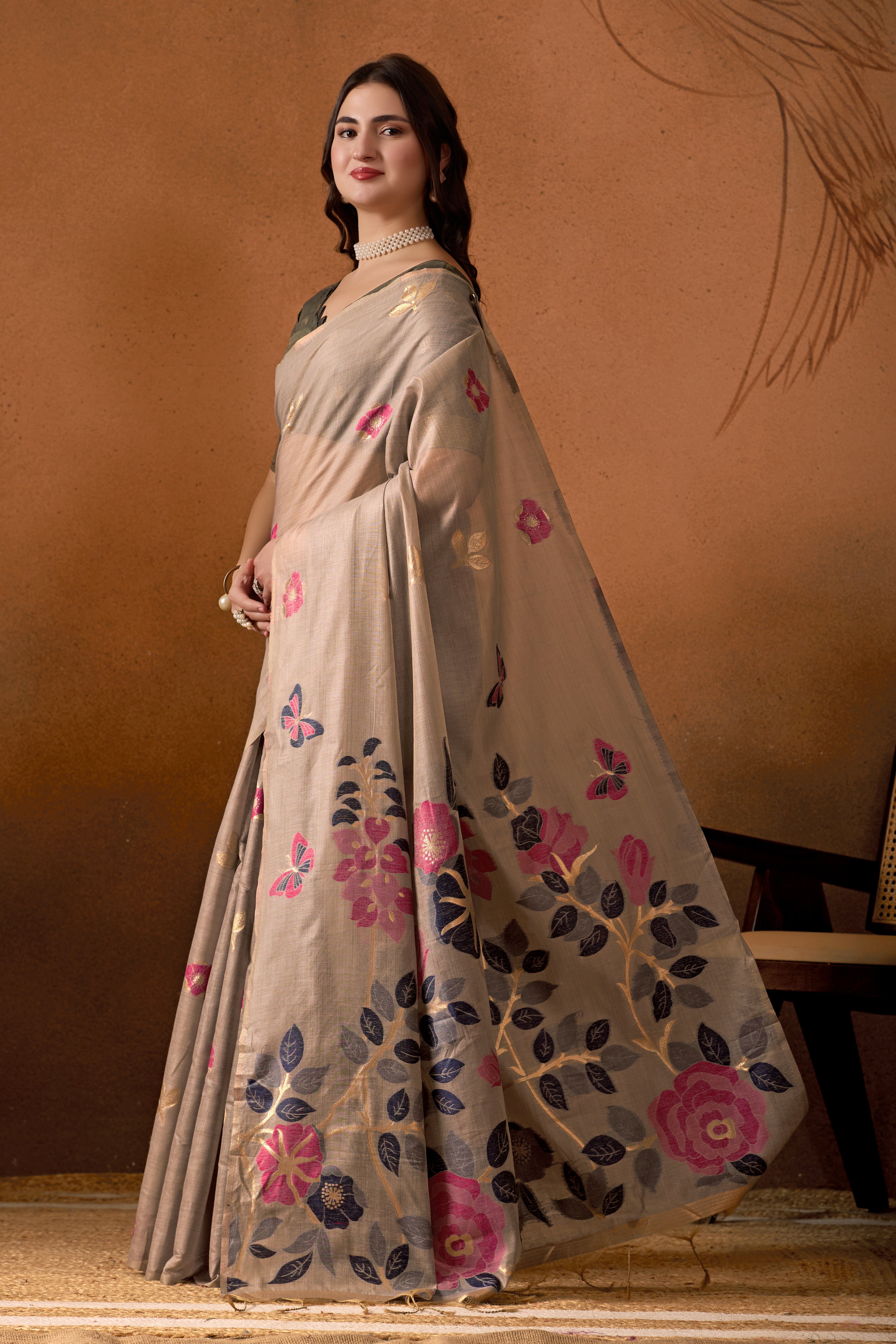 Muga Cotton Floral Butterfly Saree in Gray