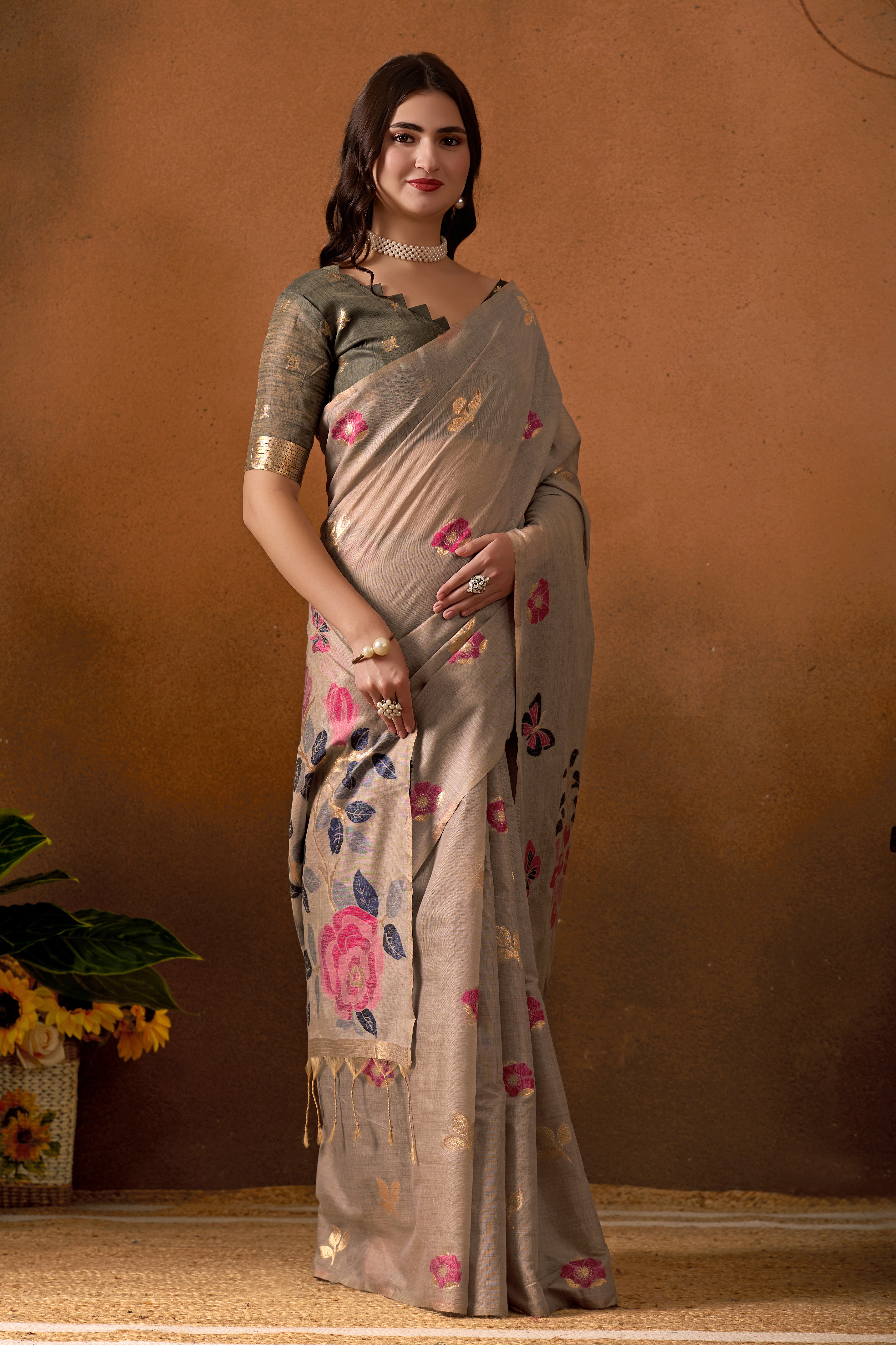 Muga Cotton Floral Butterfly Saree in Gray