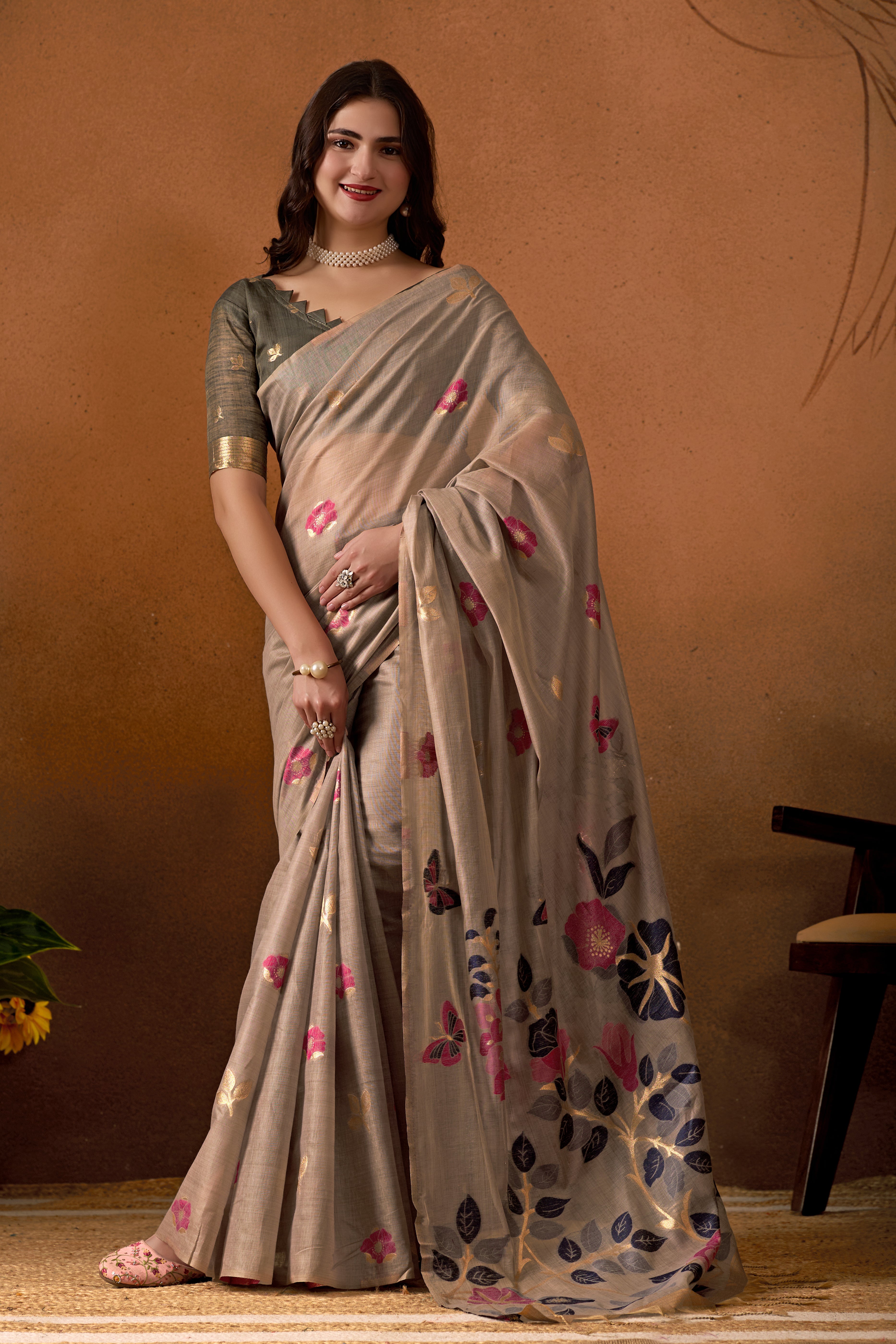 Muga Cotton Floral Butterfly Saree in Gray
