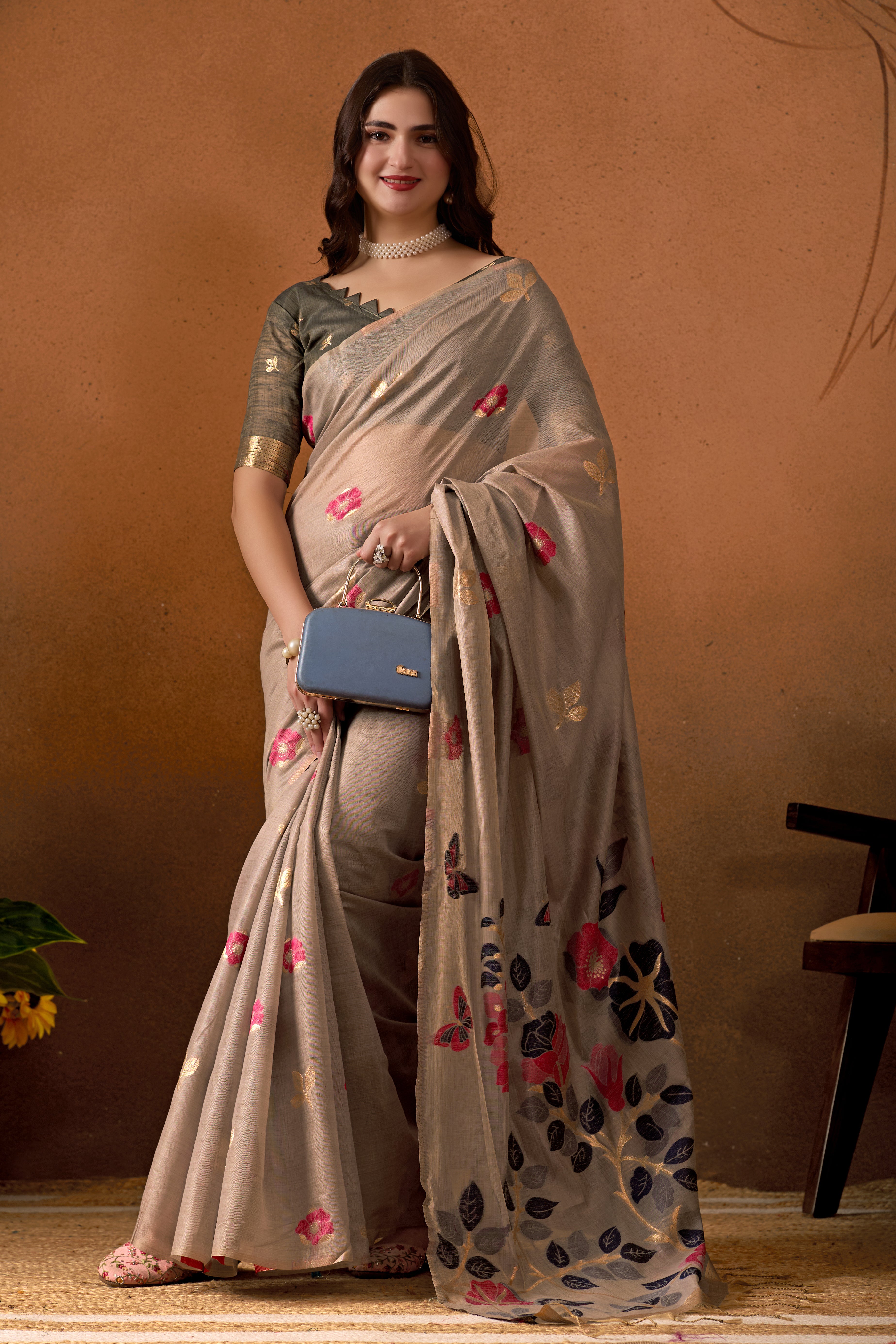 Muga Cotton Floral Butterfly Saree in Gray