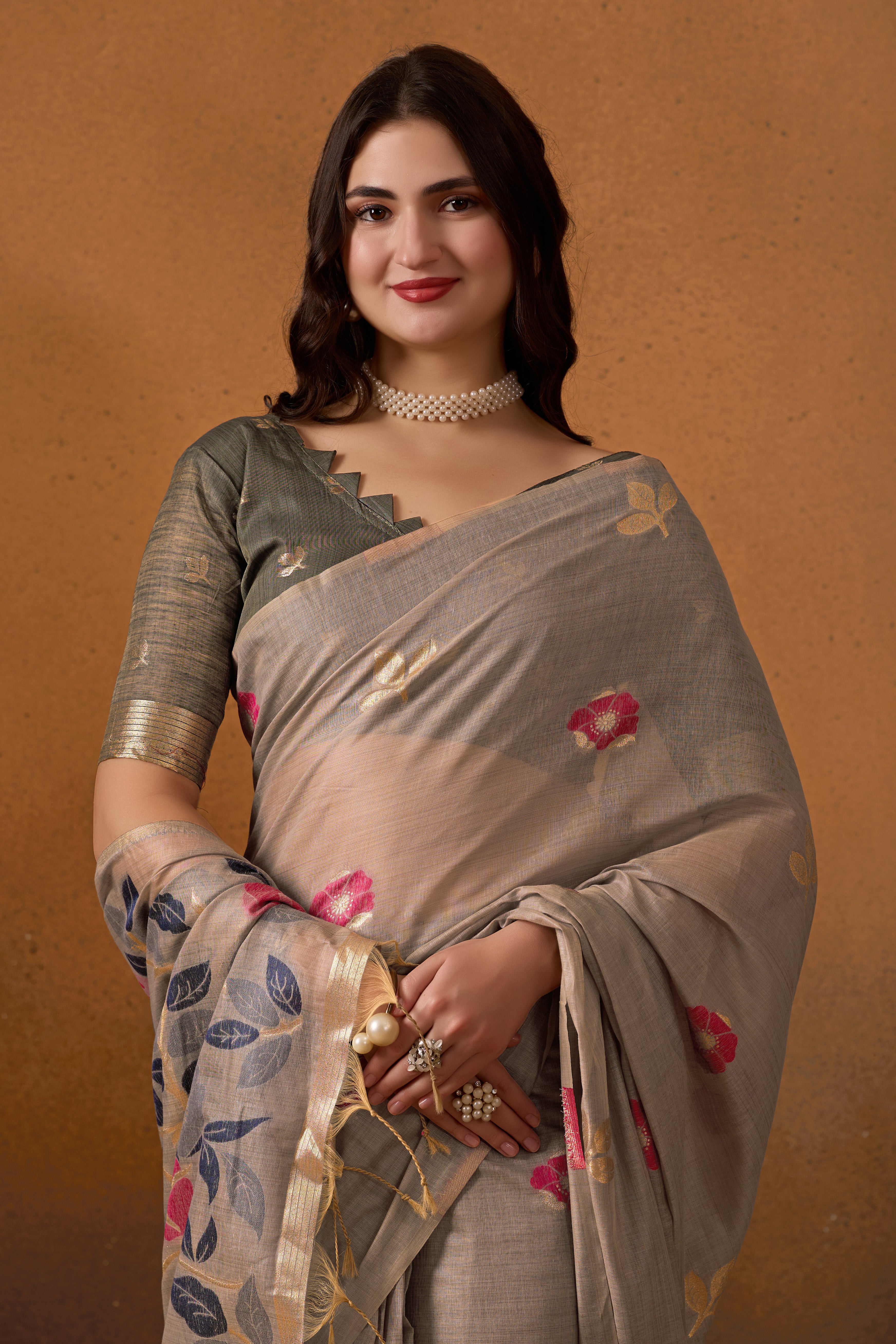 Muga Cotton Floral Butterfly Saree in Gray