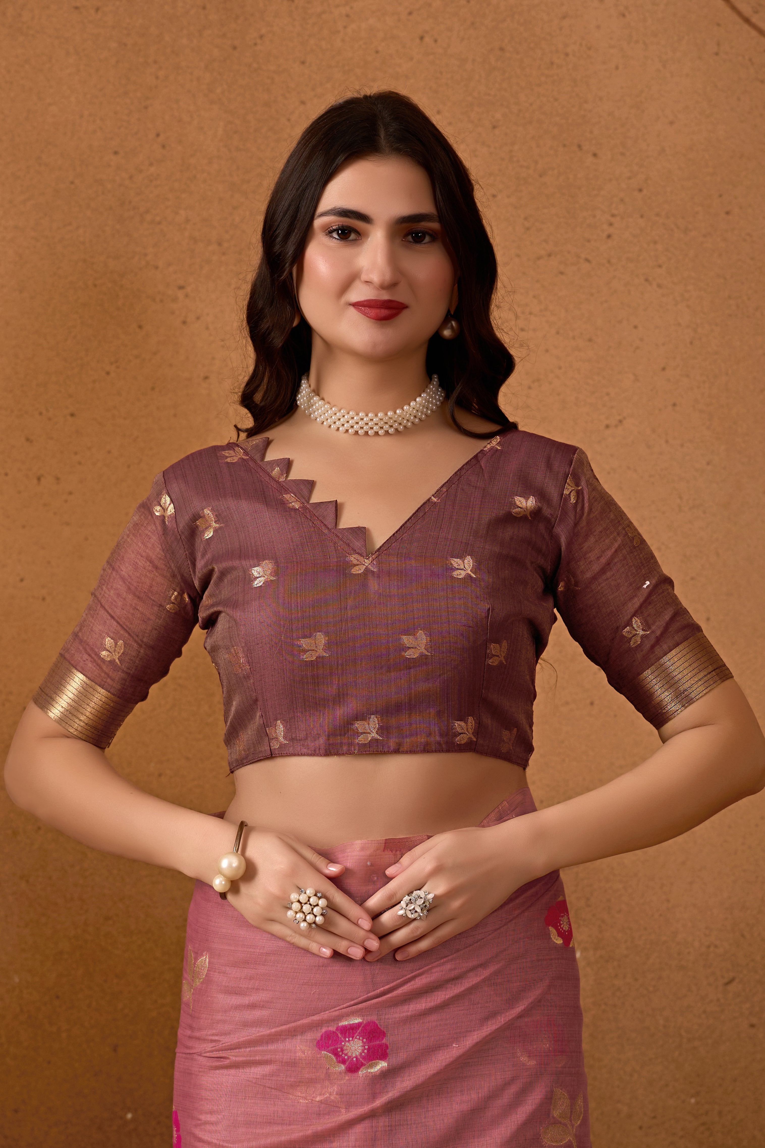 Muga Cotton Floral Butterfly Saree in Wine