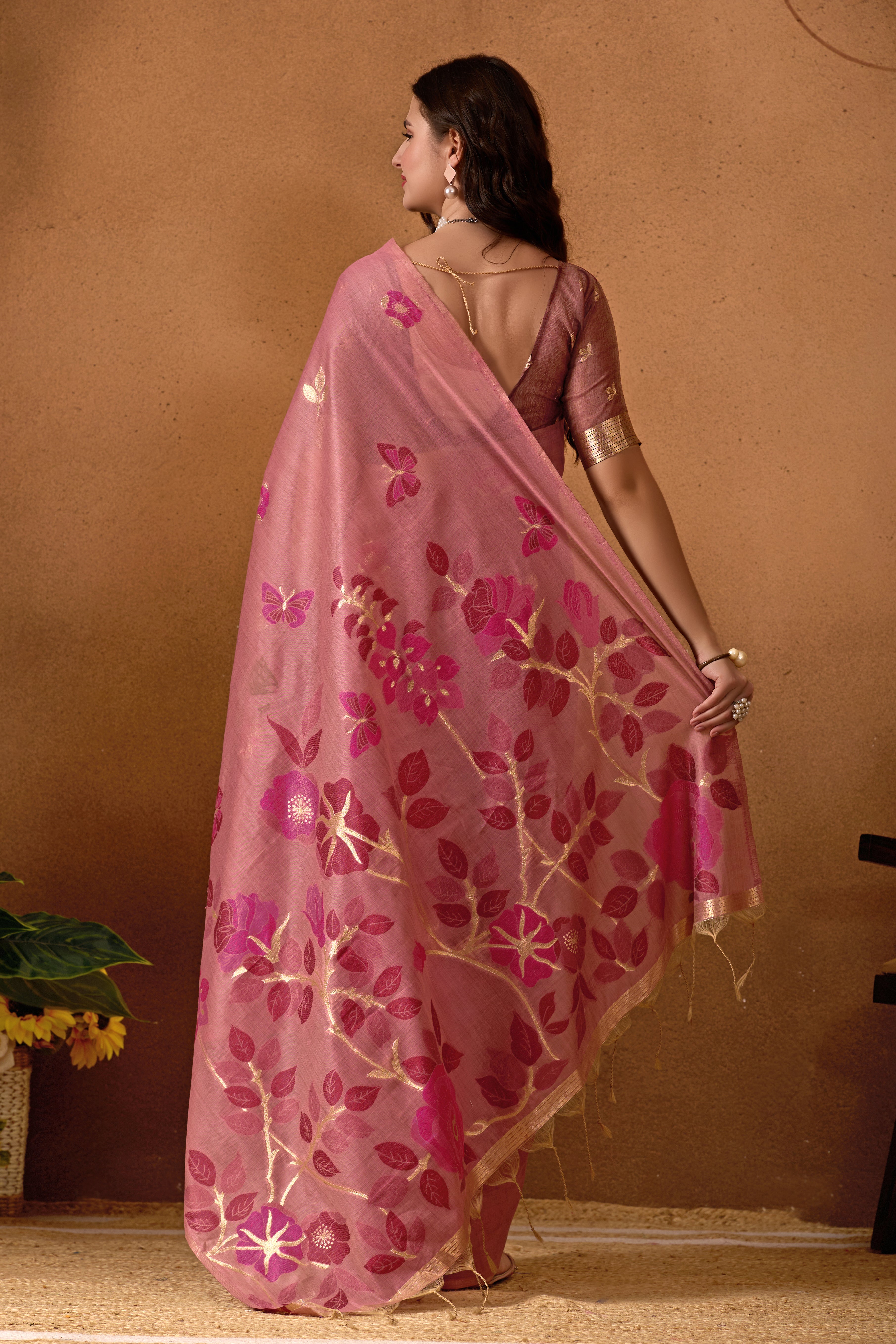 Muga Cotton Floral Butterfly Saree in Wine