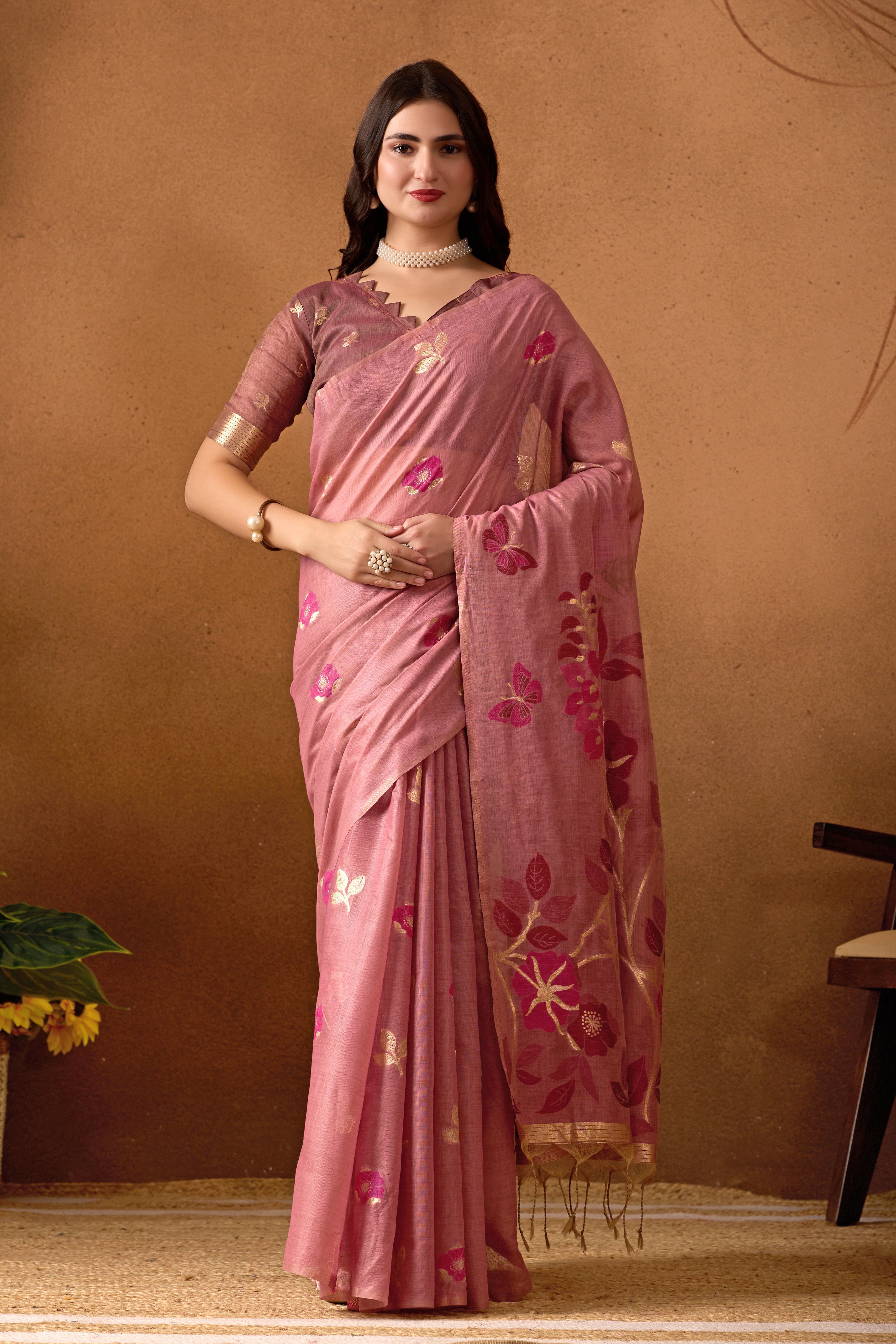 Muga Cotton Floral Butterfly Saree in Wine