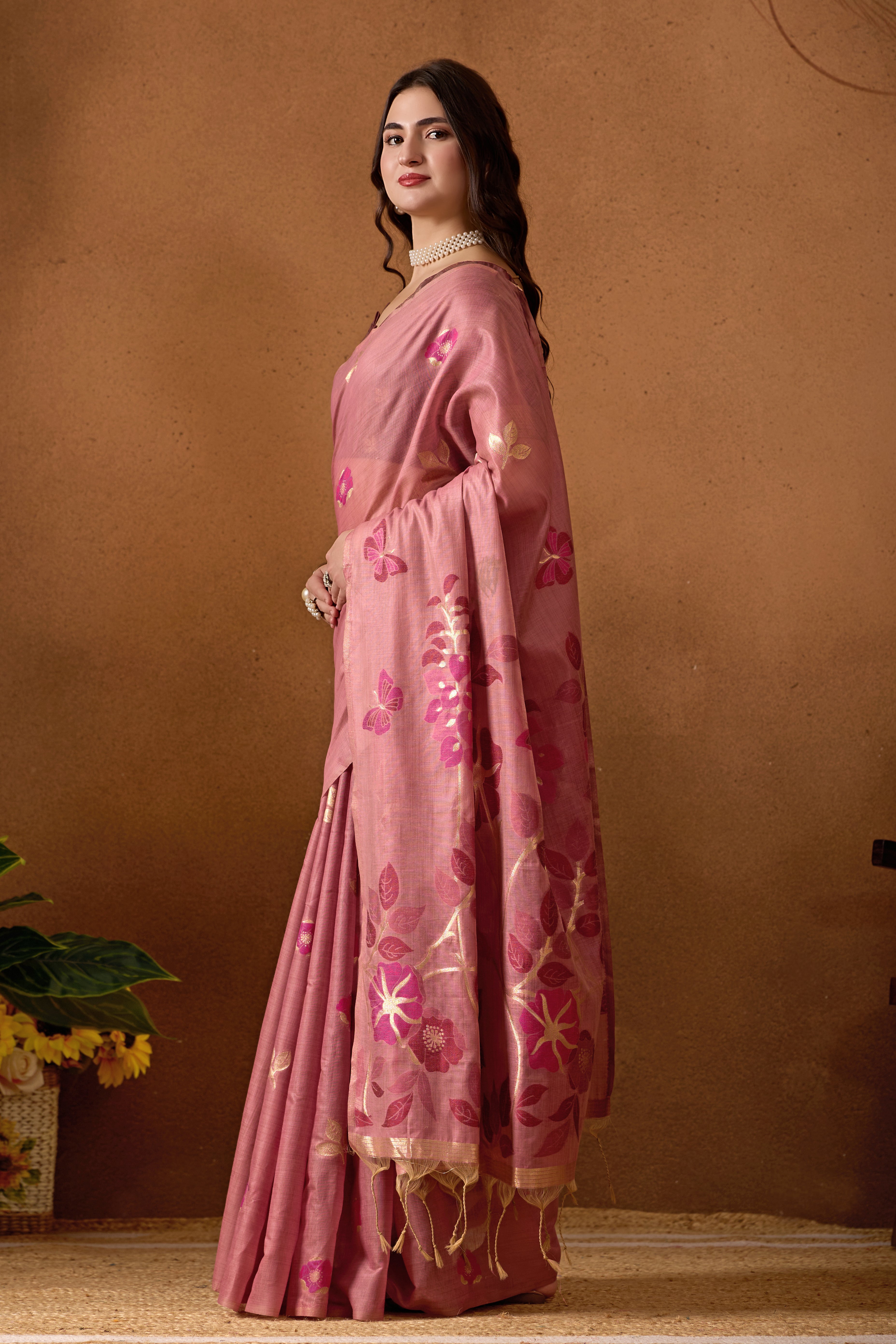 Muga Cotton Floral Butterfly Saree in Wine