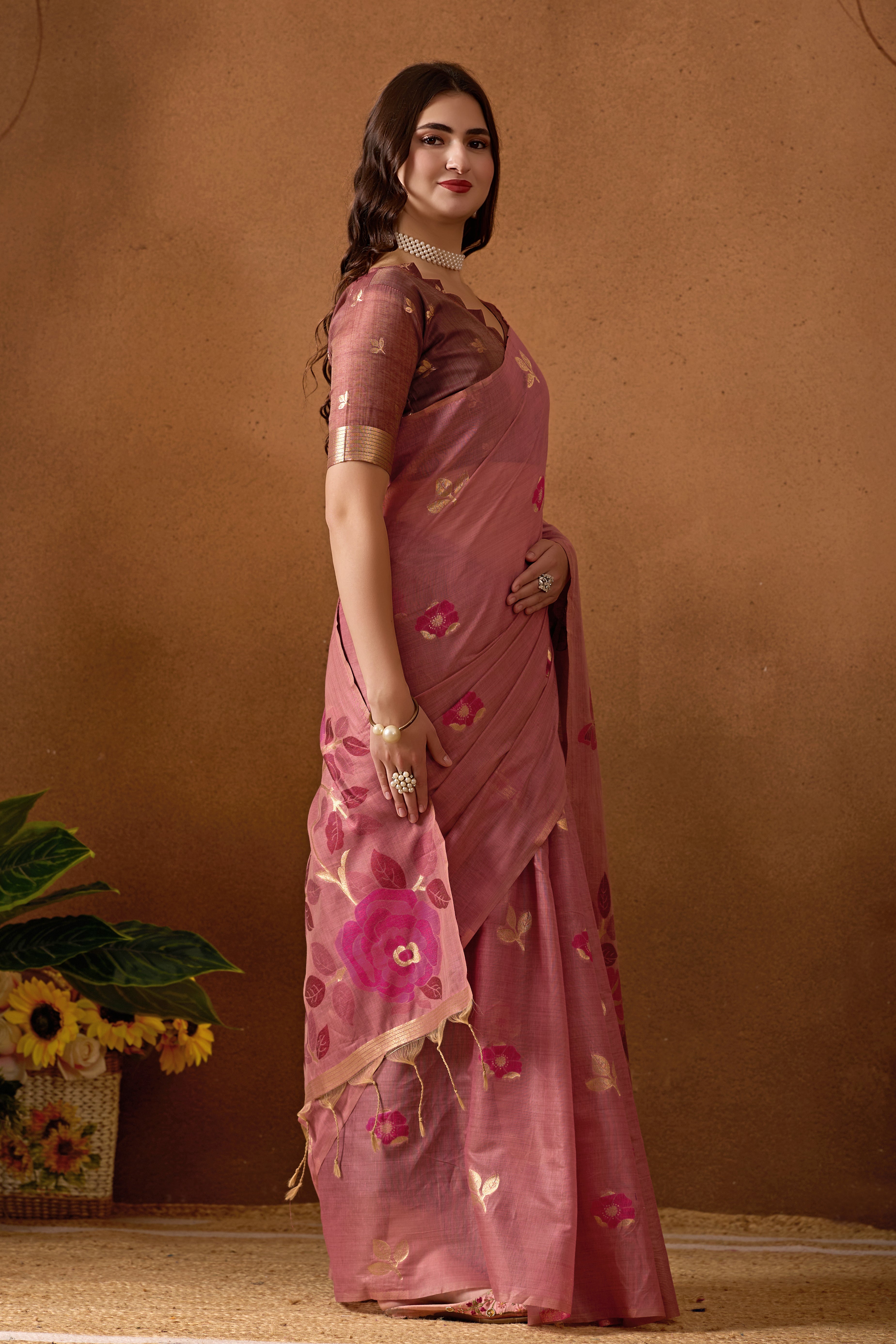 Muga Cotton Floral Butterfly Saree in Wine