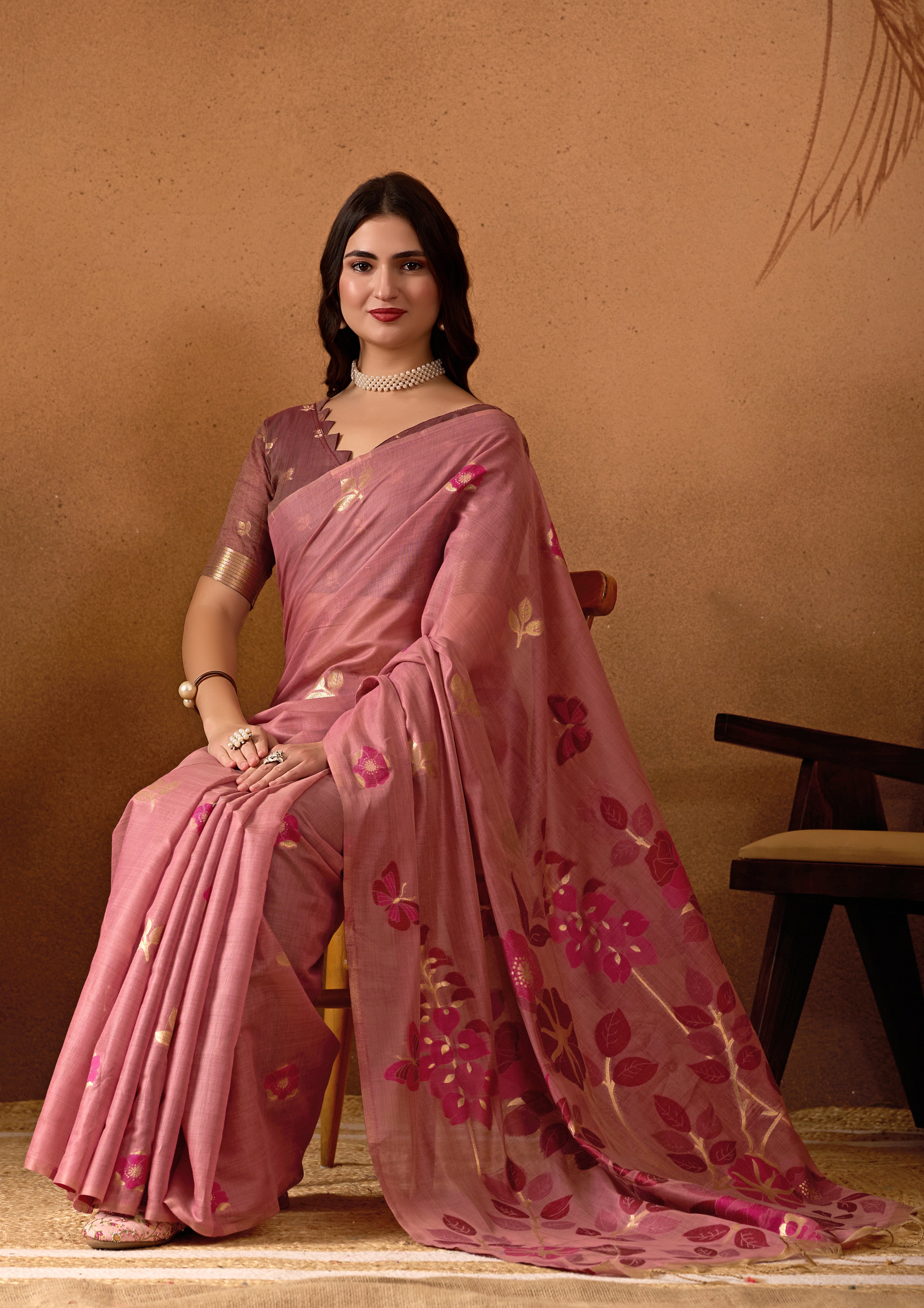 Muga Cotton Floral Butterfly Saree in Wine