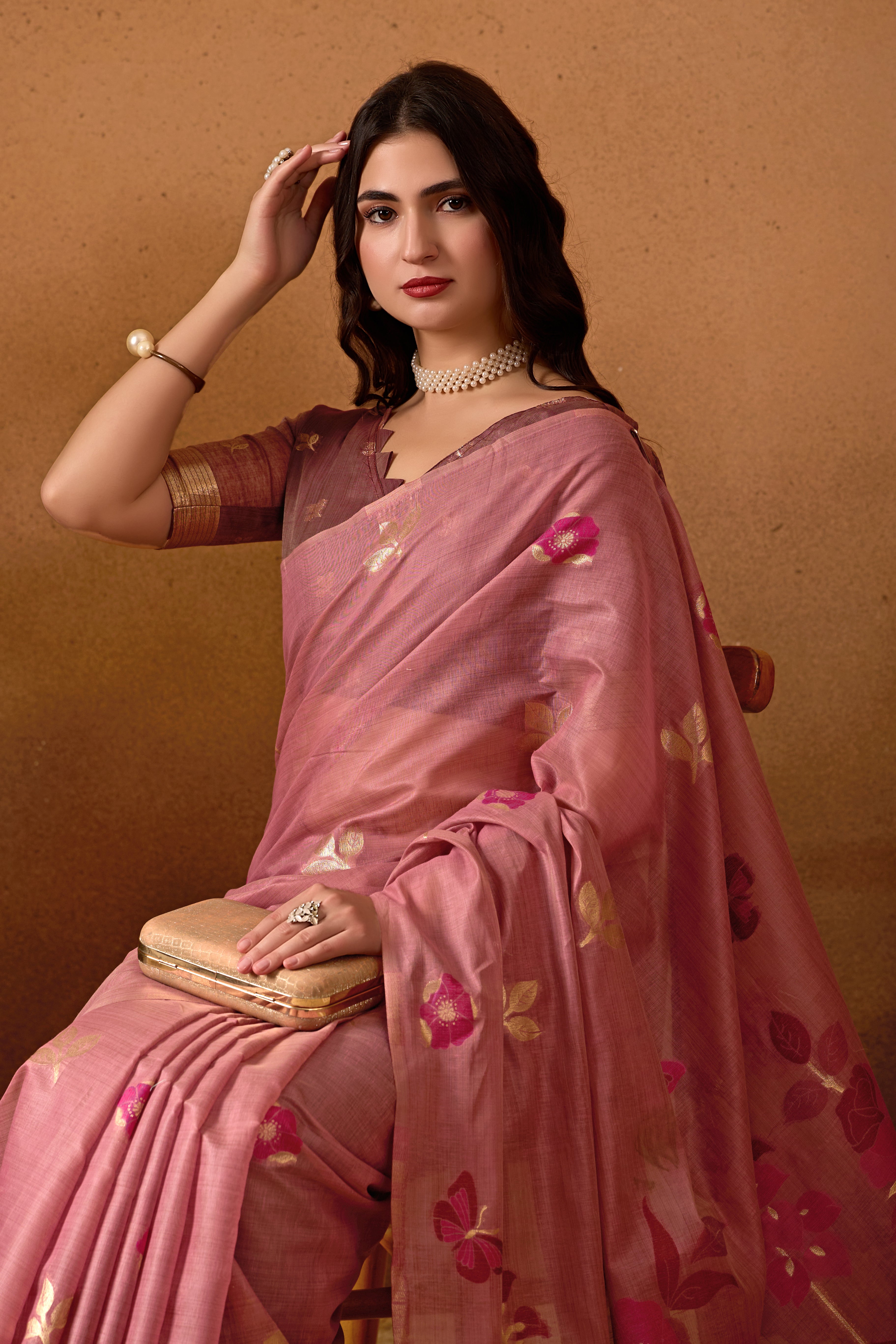 Muga Cotton Floral Butterfly Saree in Wine