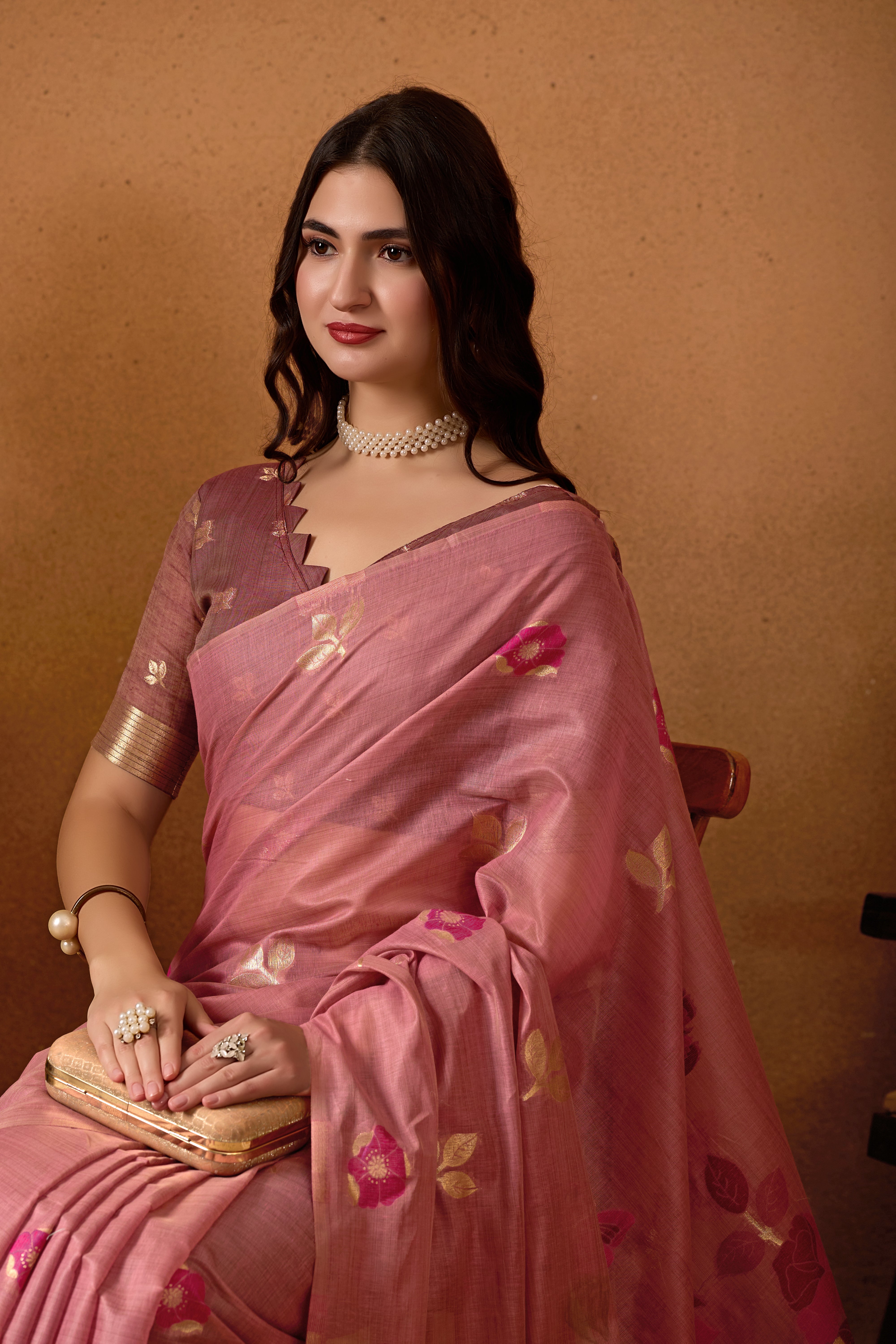 Muga Cotton Floral Butterfly Saree in Wine