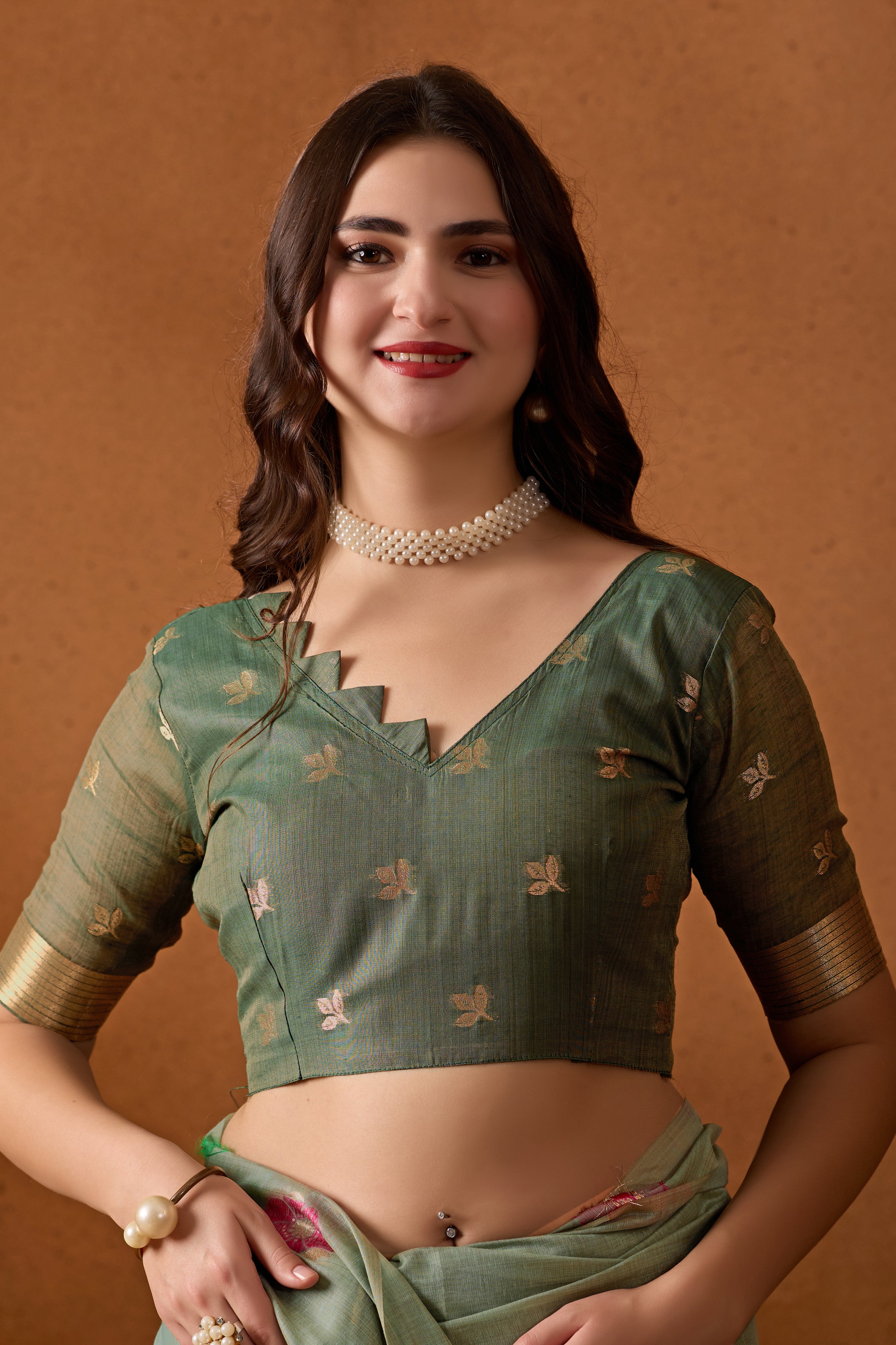 Muga Cotton Floral Butterfly Saree in Green