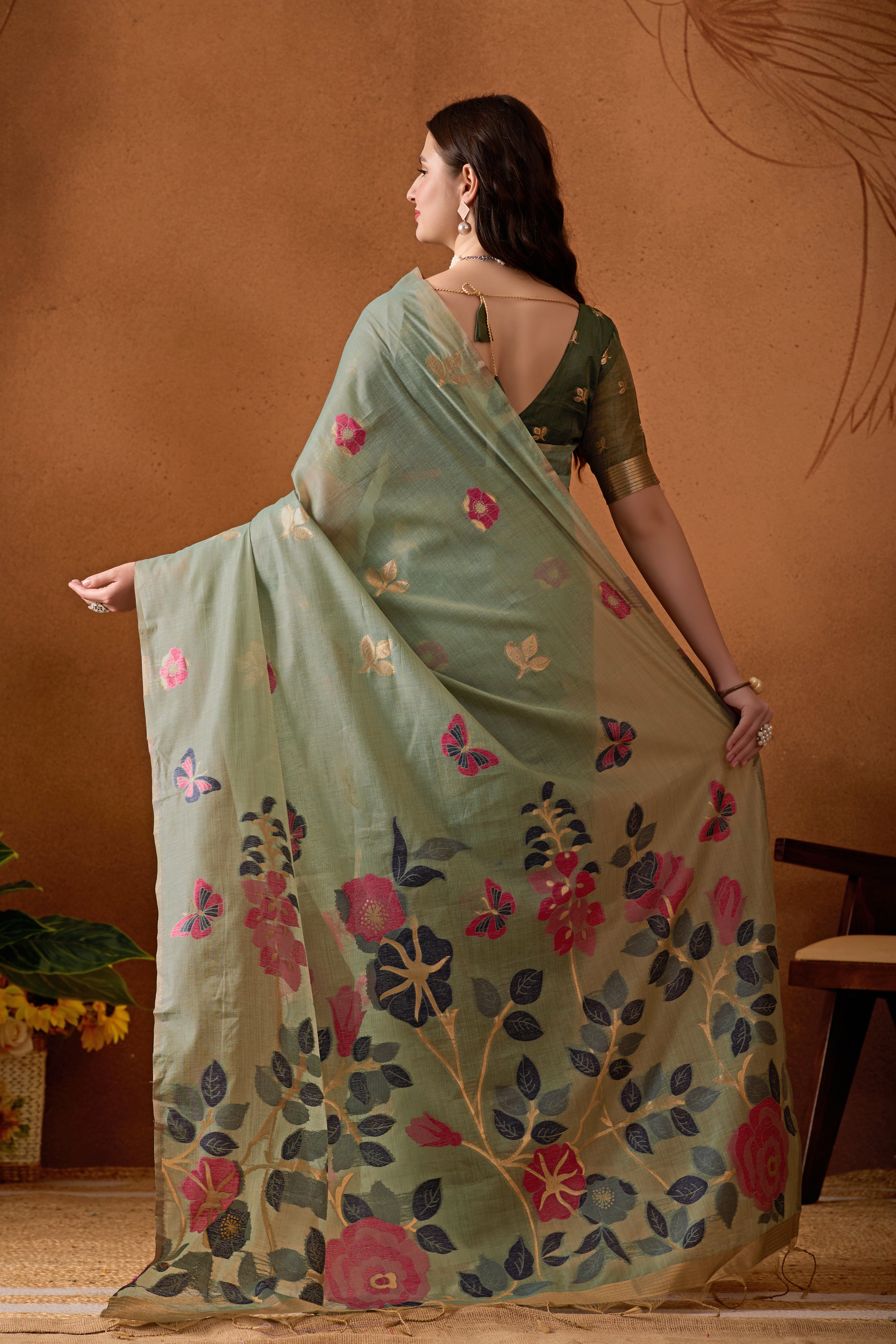 Muga Cotton Floral Butterfly Saree in Green