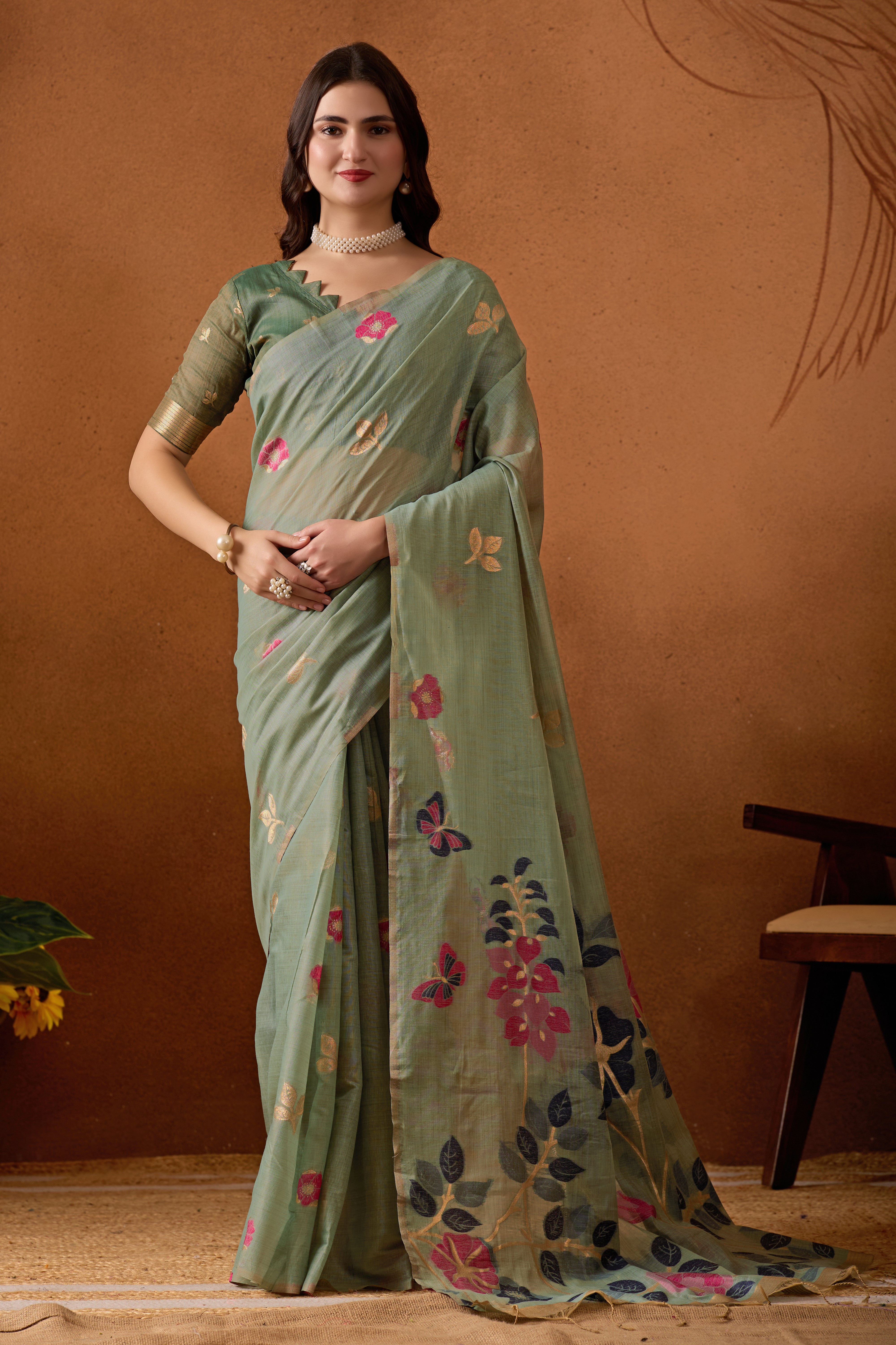 Muga Cotton Floral Butterfly Saree in Green