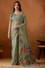 Muga Cotton Floral Butterfly Saree in Green